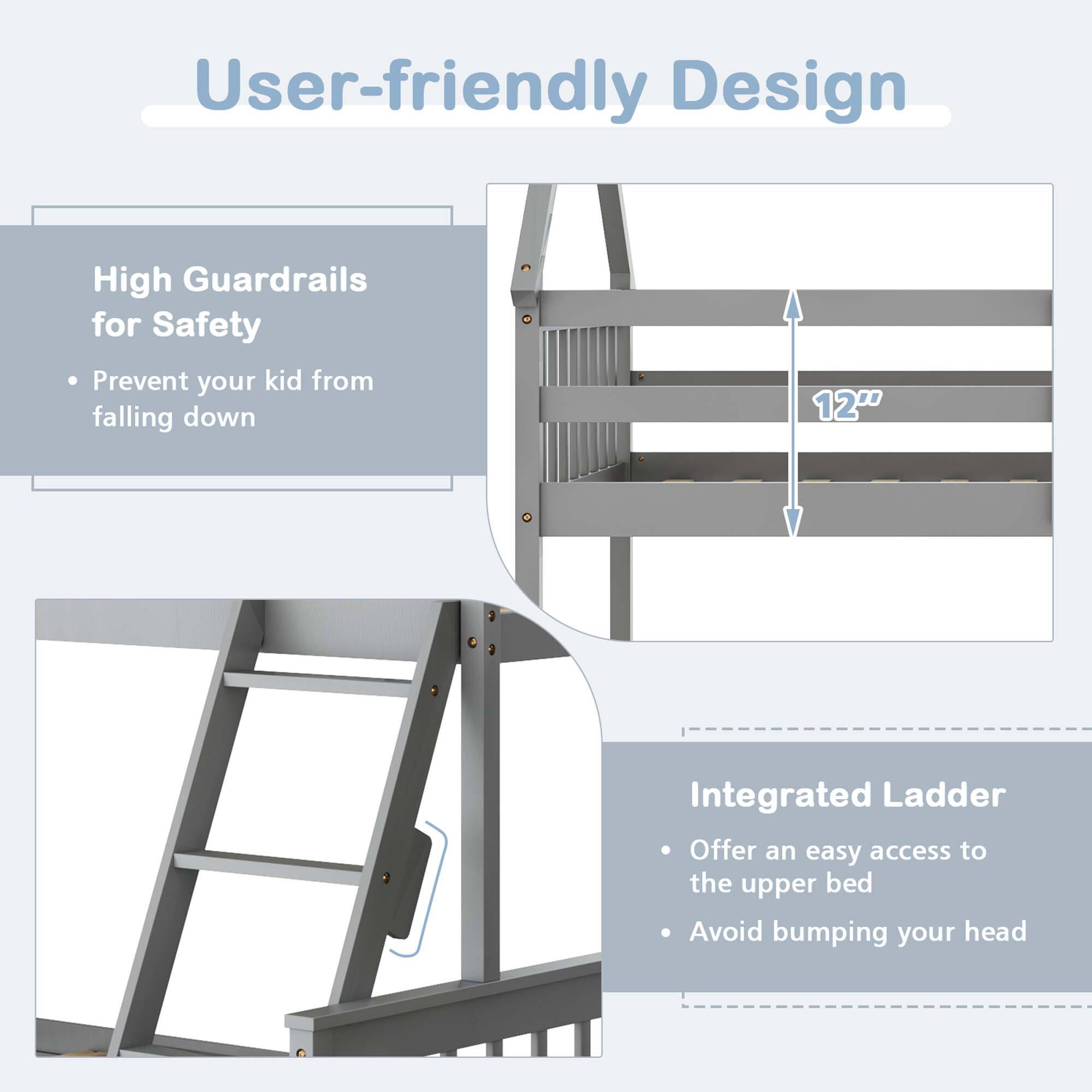 User-friendly Design

High Guardrails for Safety
- Prevent your kid from falling down

Integrated Ladder
- Offer an easy access to the upper bed
- Avoid bumping your head
