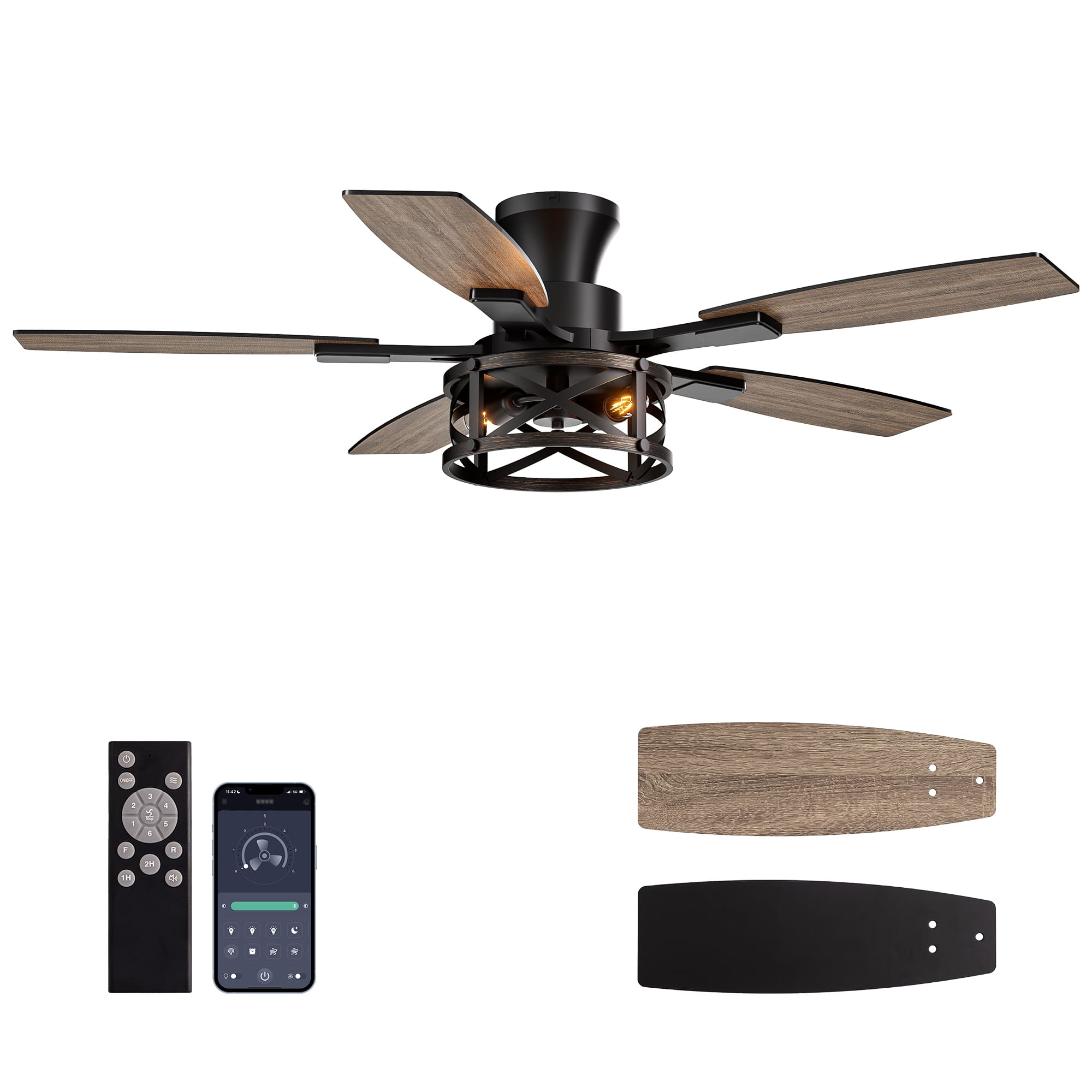 Front. Siljoy - 52 Inch Farmhouse Flush Mount Gold Black Ceiling Fan With Lights 6 Dual Color Blades Fits Patio Bedroom Living Room - Gold and Black.