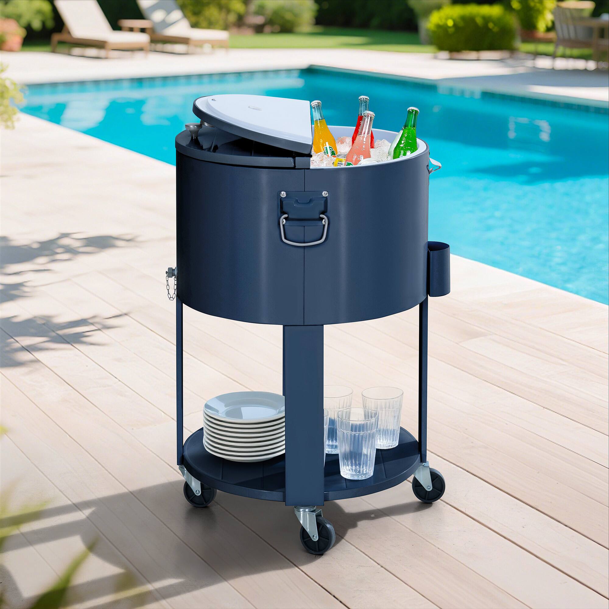 Front. SUNJOY - Sunjoy 60 Quart Round Rolling Ice Chest Cooler Cart, Portable Patio Party Bar Drink Cooler with Bottle Opener and Shelf - Blue.