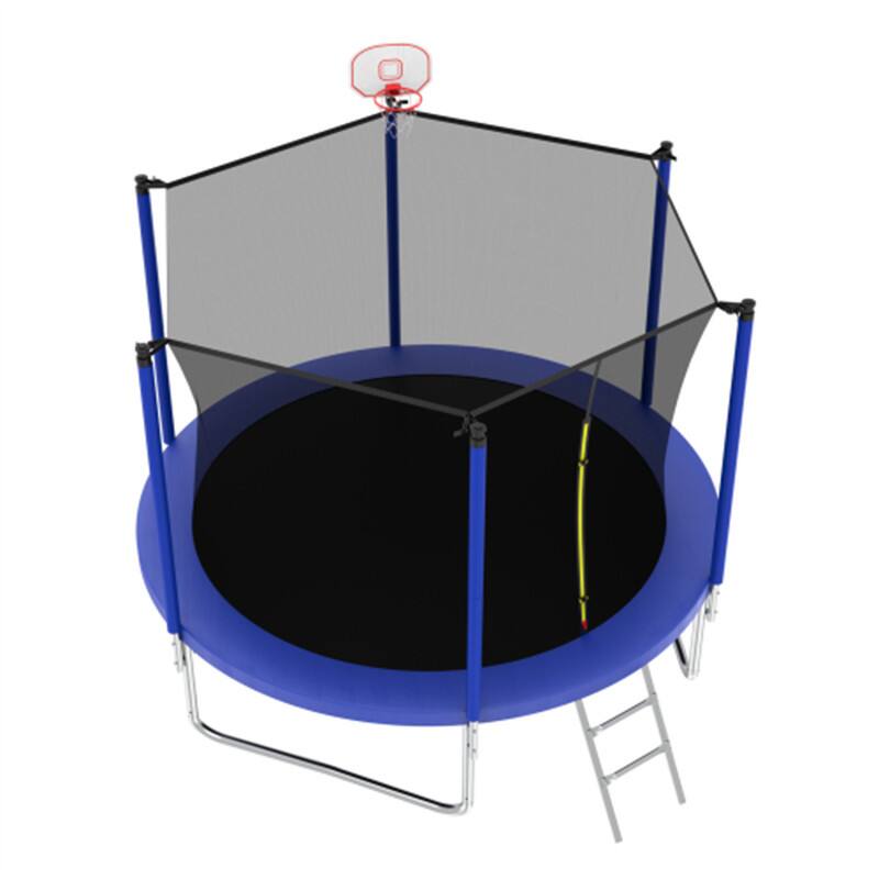 Angle. HTUTWOO - 10FT Trampoline for Kids - Basketball Hoop and Ladder, Outdoor Kids Trampoline with Enclosure,Fast Assembly for Backyard - Blue.