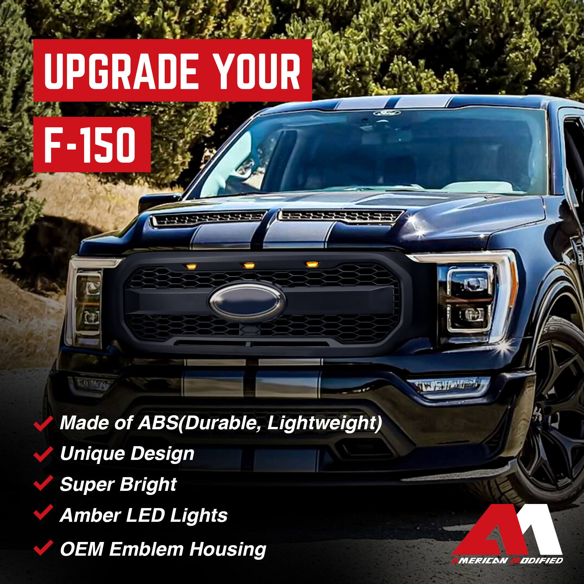UPGRADE YOUR F-150

- Made of ABS (Durable, Lightweight)
- Unique Design
- Super Bright
- Amber LED Lights
- OEM Emblem Housing

A1 AMERICAN MODIFIED