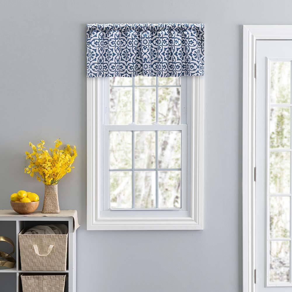 Angle. Ellis Curtain - Ellis Athens Printed Tile Design on a Ground 3" Rod Pocket Premium Tailored Valance 50"x16" Navy - Navy.