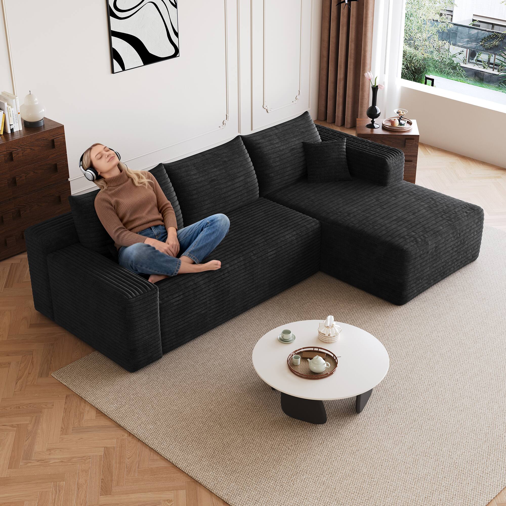Alt View 7. Meqiodas - 95" Sectional Sofa with L-Shape Lounge,Soft Corduroy Modular Couch for Living Room, Deep Seat Corner Couch, No Assembly - Black.