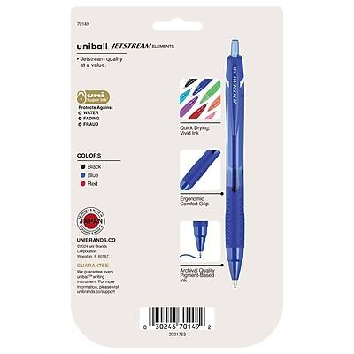 70549 uniball JETSTREAM ELEMENTS  
Jetstream quality at a value.

- Protects Against WATER FADING
- Quick Drying
- FRAUD
- Viid Ink

COLORS
- Black
- Blue
- Red

Ergonomic Comfort Grip

UNIBRANDS.CO
Condomation Wheaton
E eCBT GUARANTEE

We guarantee every JETSTREAM ELEMENTS pen for 1 year. For more information, visit unibrands.com/support

Archival Quality Pigment-Based Ink

0 30246 70149 2
2021753