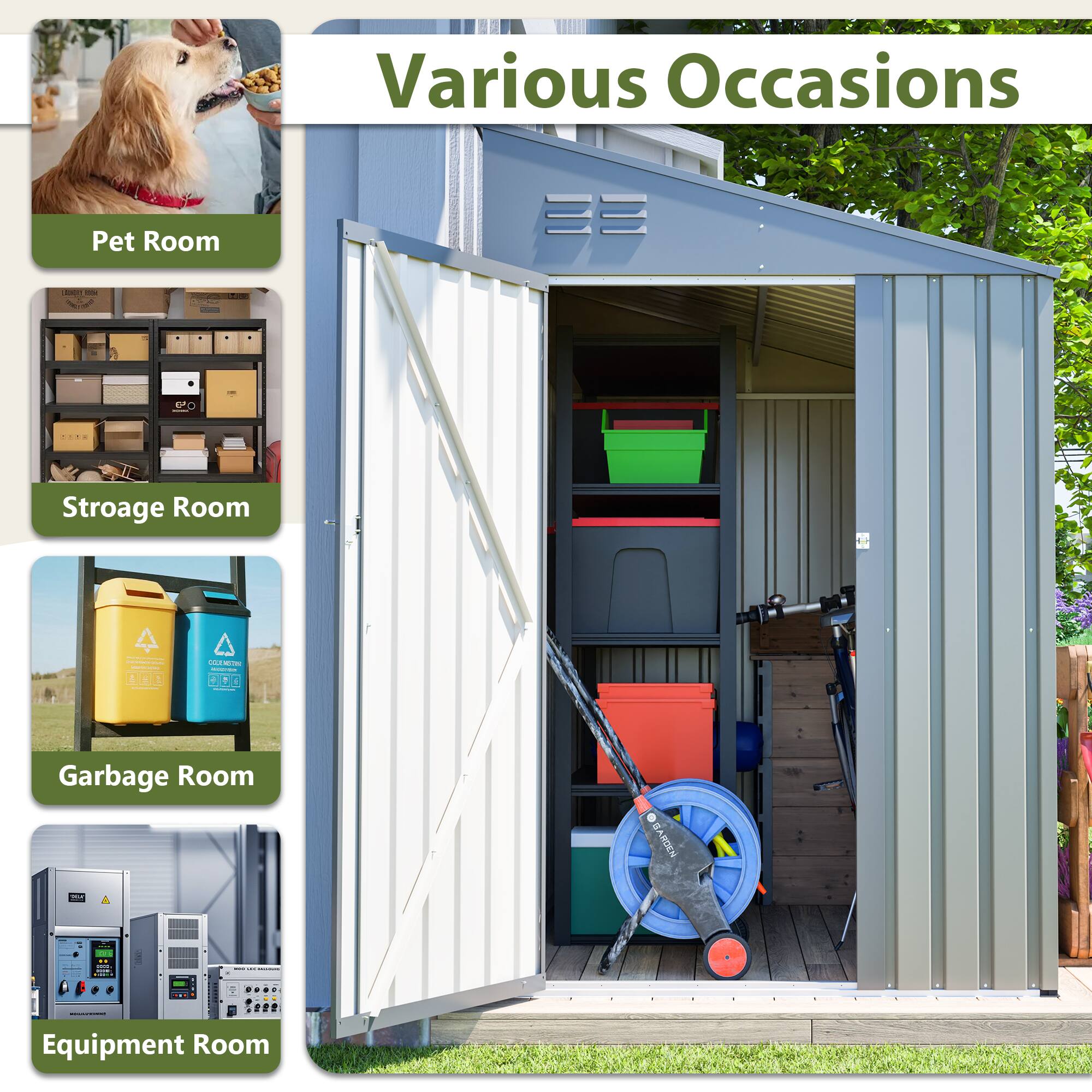 Alt View 2. TinyHomie - 4 x 7FT Lean-To Shed in Olive grey Heavy-Duty Steel Outdoor Storage for Garden Tools and Bicycles All-Weather Protection.