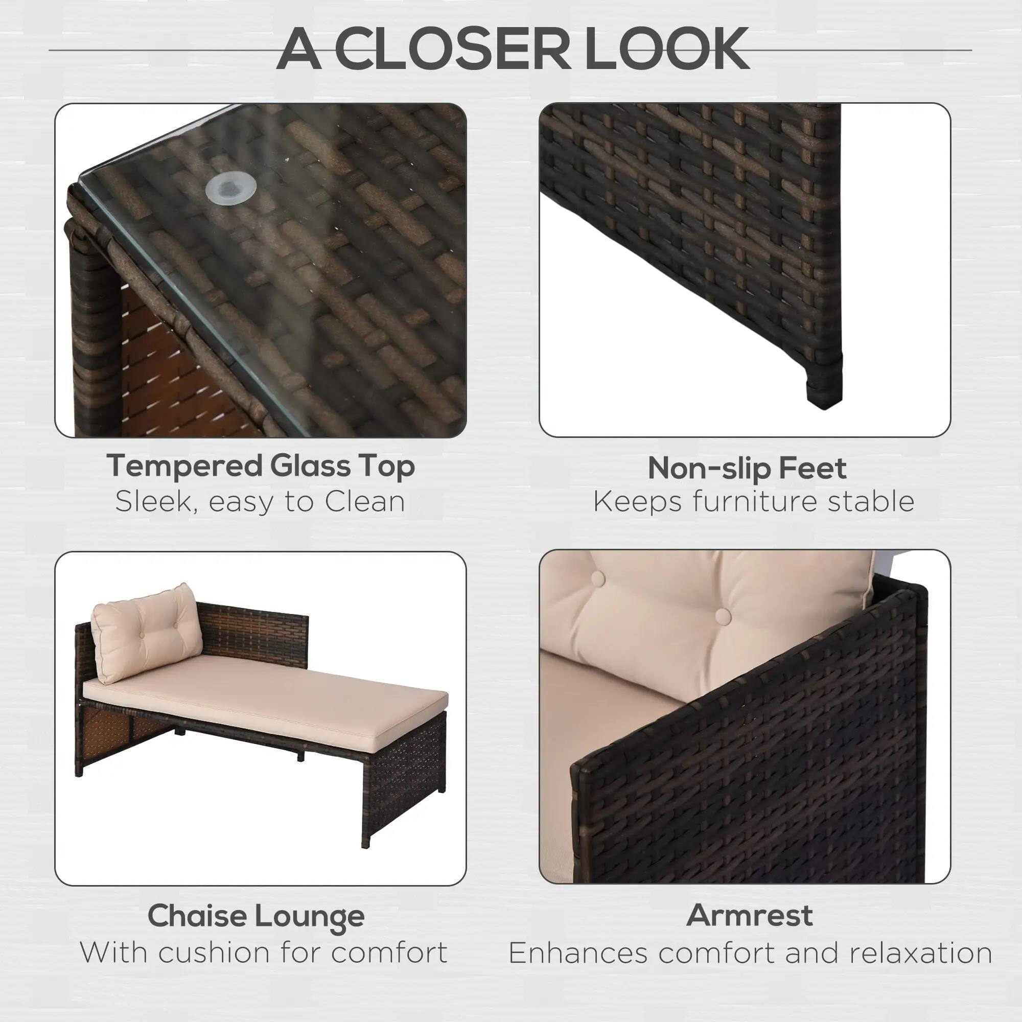 A CLOSER LOOK

Tempered Glass Top
Sleek, easy to Clean

Non-slip Feet
Keeps furniture stable

Chaise Lounge
With cushion for comfort

Armrest
Enhances comfort and relaxation