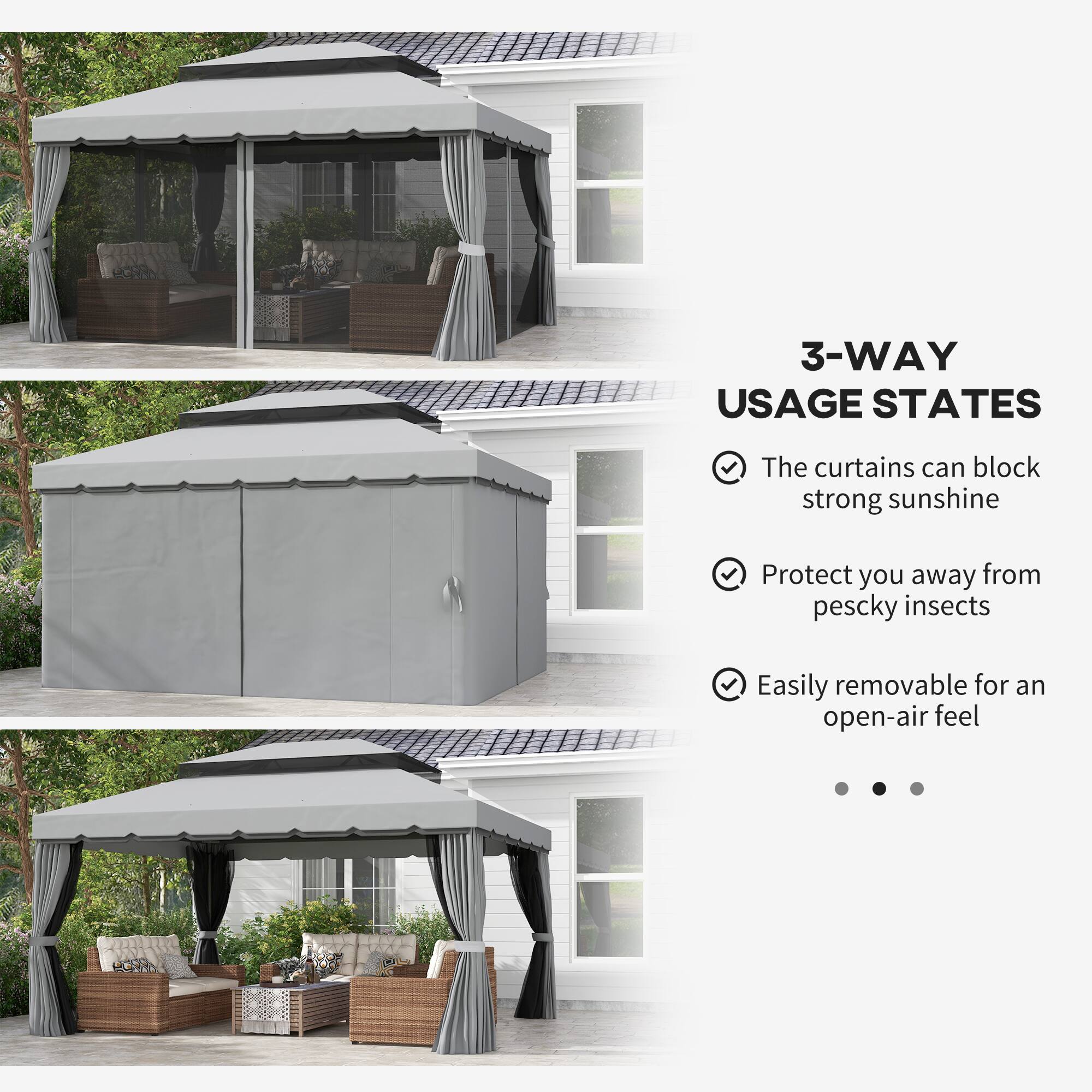 3-WAY USAGE STATES

- The curtains can block strong sunshine
- Protect you away from pesky insects
- Easily removable for an open-air feel