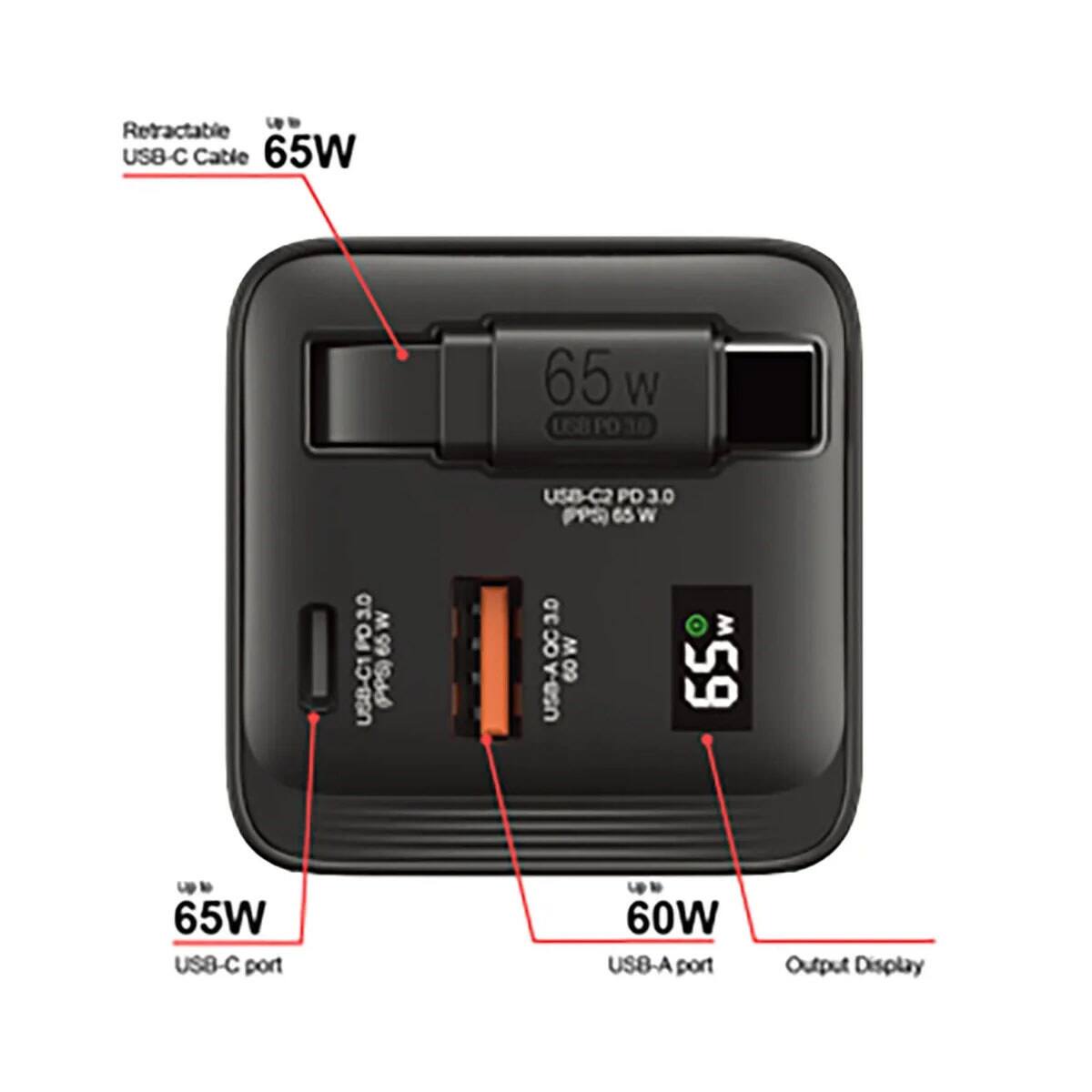 Retractable USB-C Cable 65W

65W USB-C port
60W USB-A port

USB-C1 (PPS) 65W
USB-C2 PD 3.0 (PPS) 65W

Output Display
