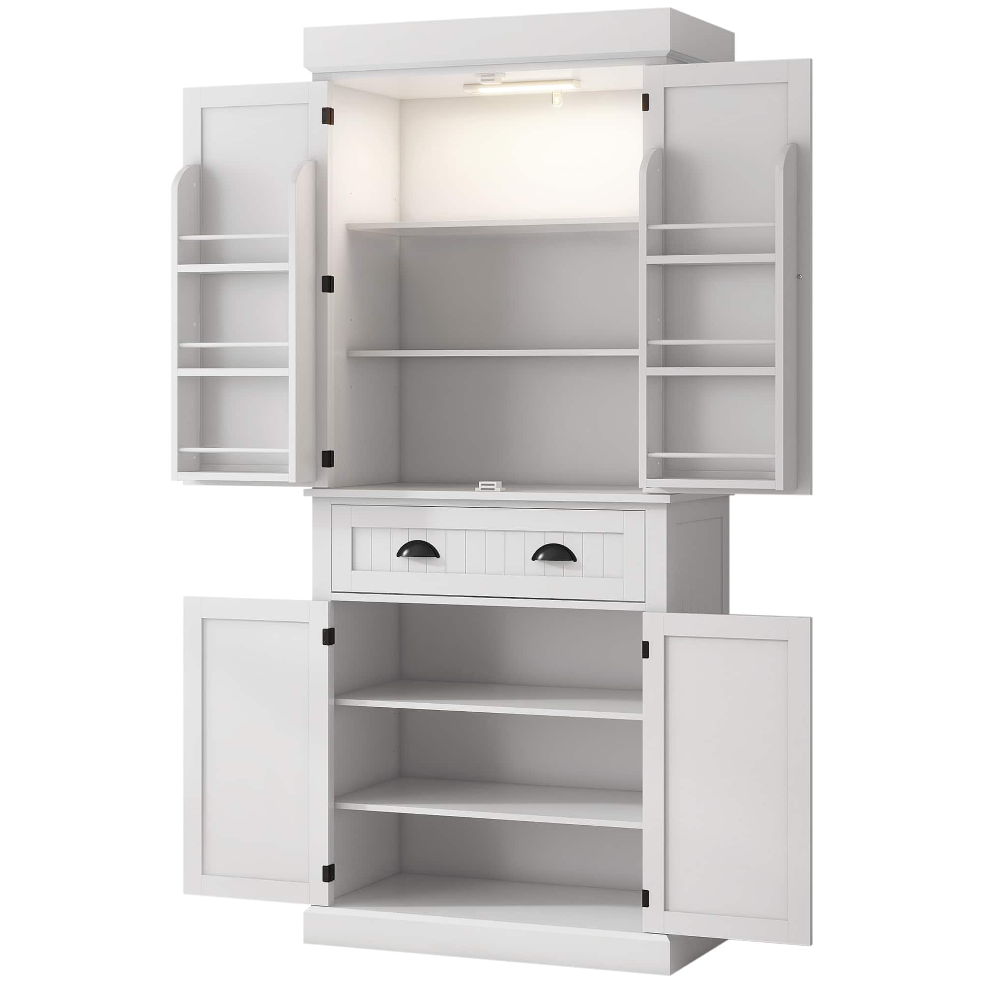 Homcom - Kitchen Pantry Cabinet with LED Lights, 6 Door Shelves - White