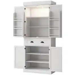 Homcom - Kitchen Pantry Cabinet with LED Lights, 6 Door Shelves - White