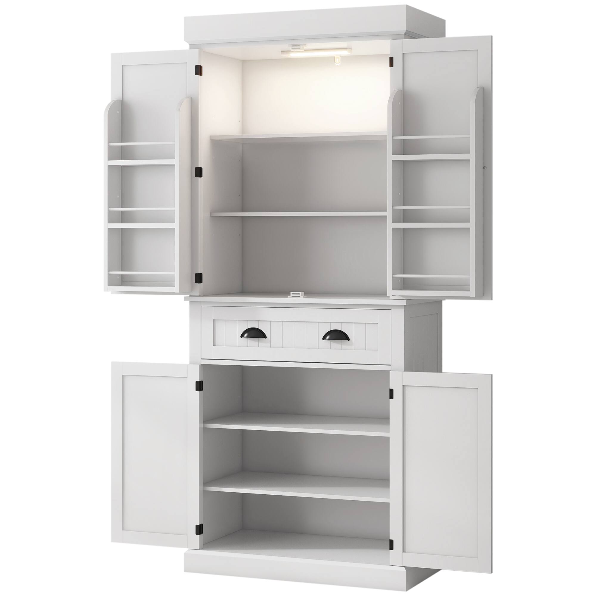Homcom - Kitchen Pantry Cabinet with LED Lights, 6 Door Shelves - White