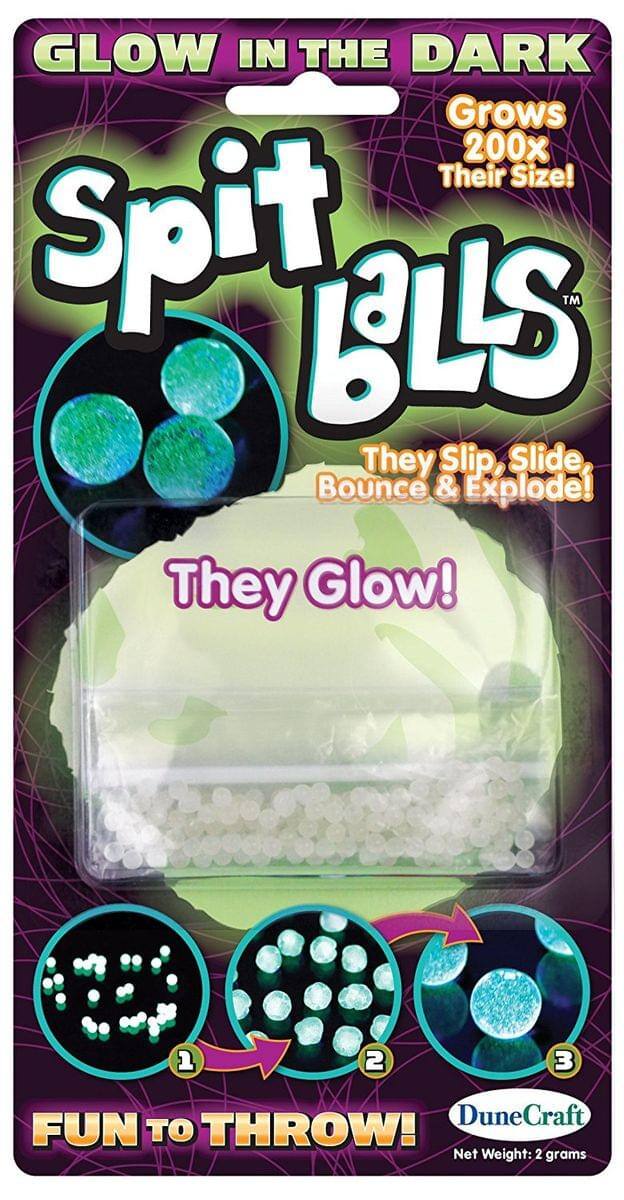 GLOW IN THE DARK  
Spit BALLS™  
Grows 200x Their Size!  
They Slip, Slide, Bounce & Explode!  
They Glow!  
1 2 3  
DuneCraft  
FUN TO THROW!  
Net Weight: 2 grams