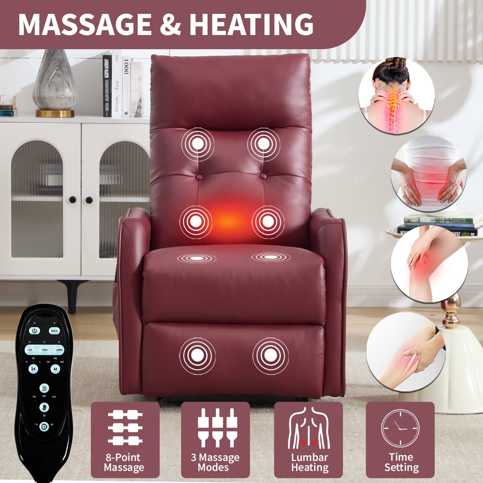 MASSAGE & HEATING

8-Point Massage  
3 Massage Modes  
Lumbar Heating  
Time Setting