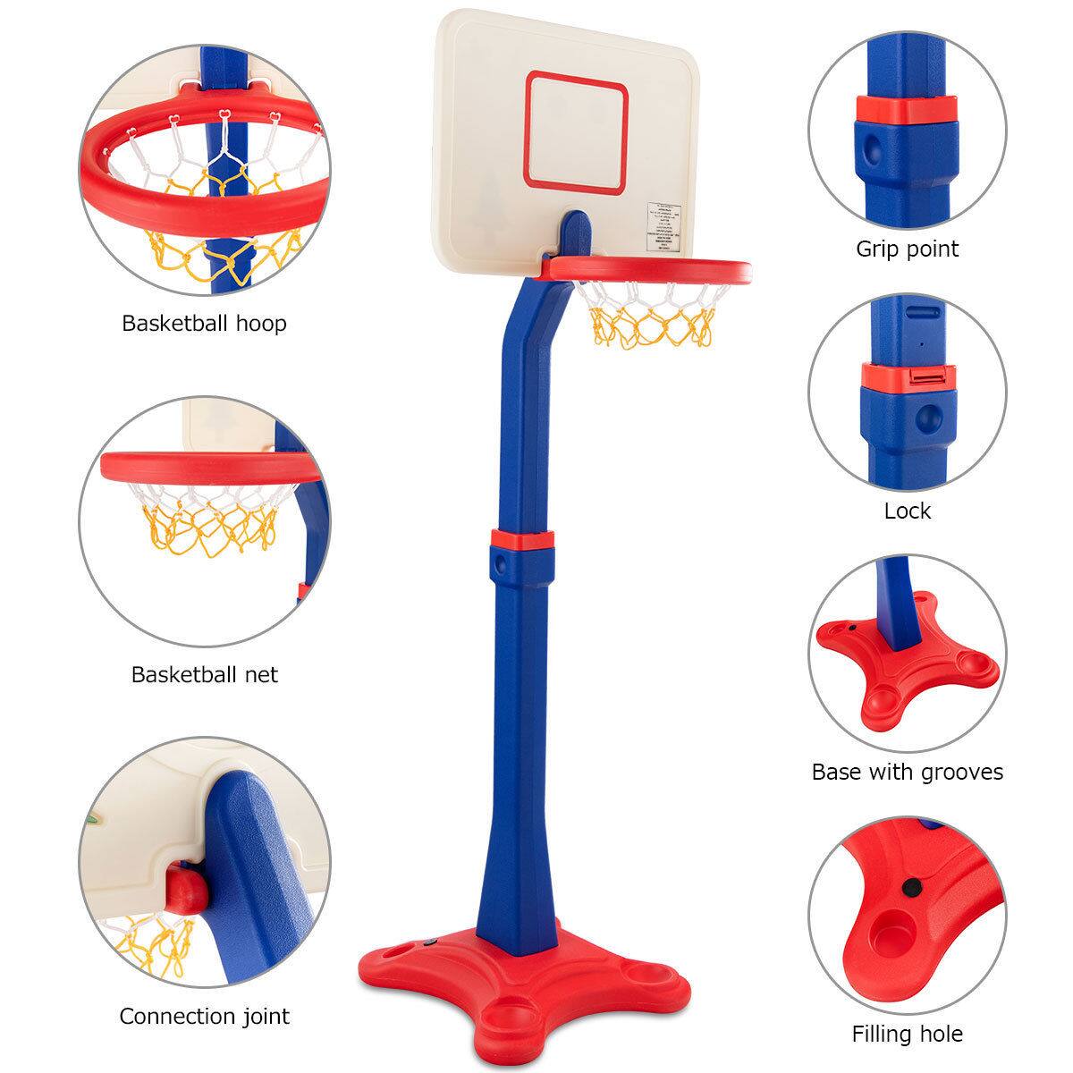 Grip point, Lock, Basketball hoop, Basketball net, Base with grooves, Connection joint, Filling hole