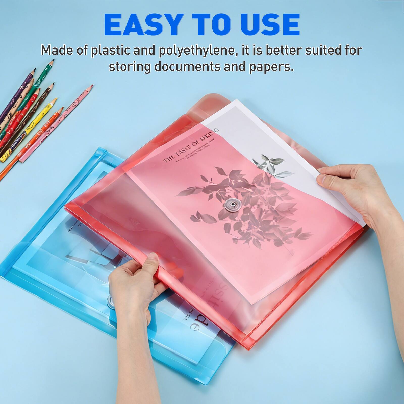 EASY TO USE

Made of plastic and polyethylene, it is better suited for storing documents and papers.