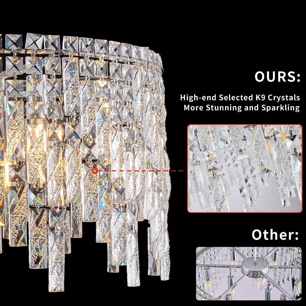 OURS:
High-end Selected K9 Crystals More Stunning and Sparkling

Other: