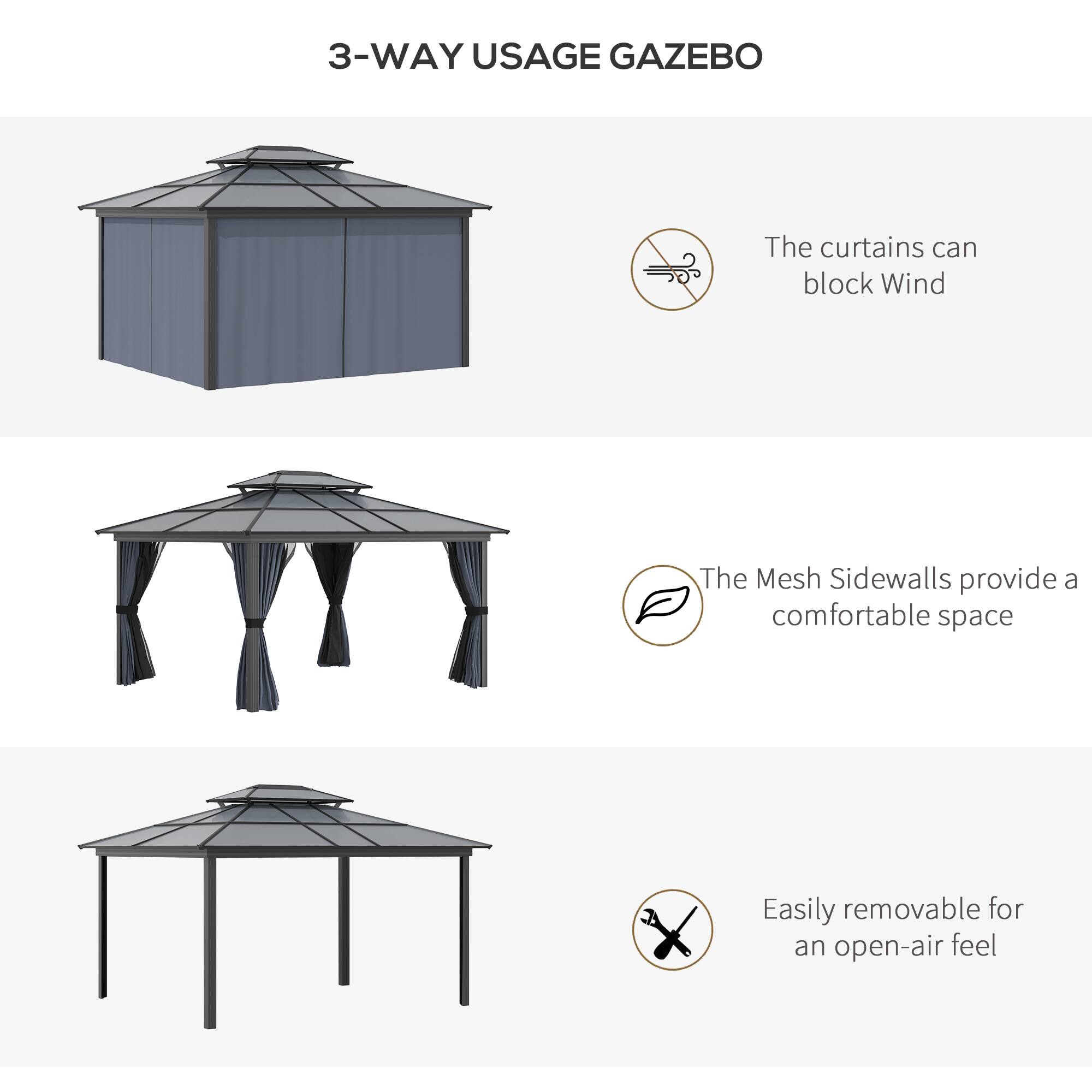3-WAY USAGE GAZEBO

- The curtains can block Wind
- The Mesh Sidewalls provide a comfortable space
- Easily removable for an open-air feel
