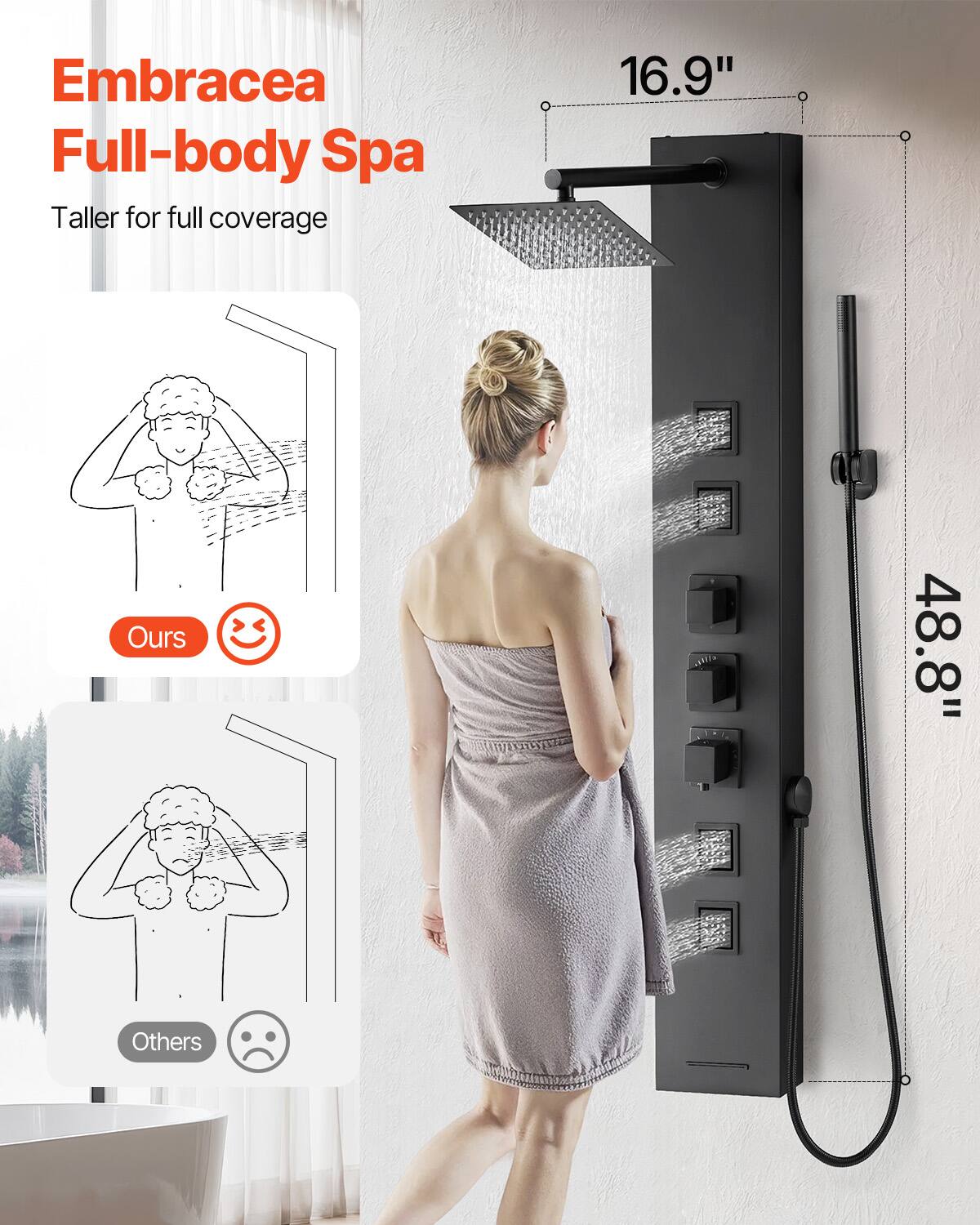 Embracea Full-body Spa  
Taller for full coverage  

Ours  
😊  

Others  
😞  

16.9"  
48.8"
