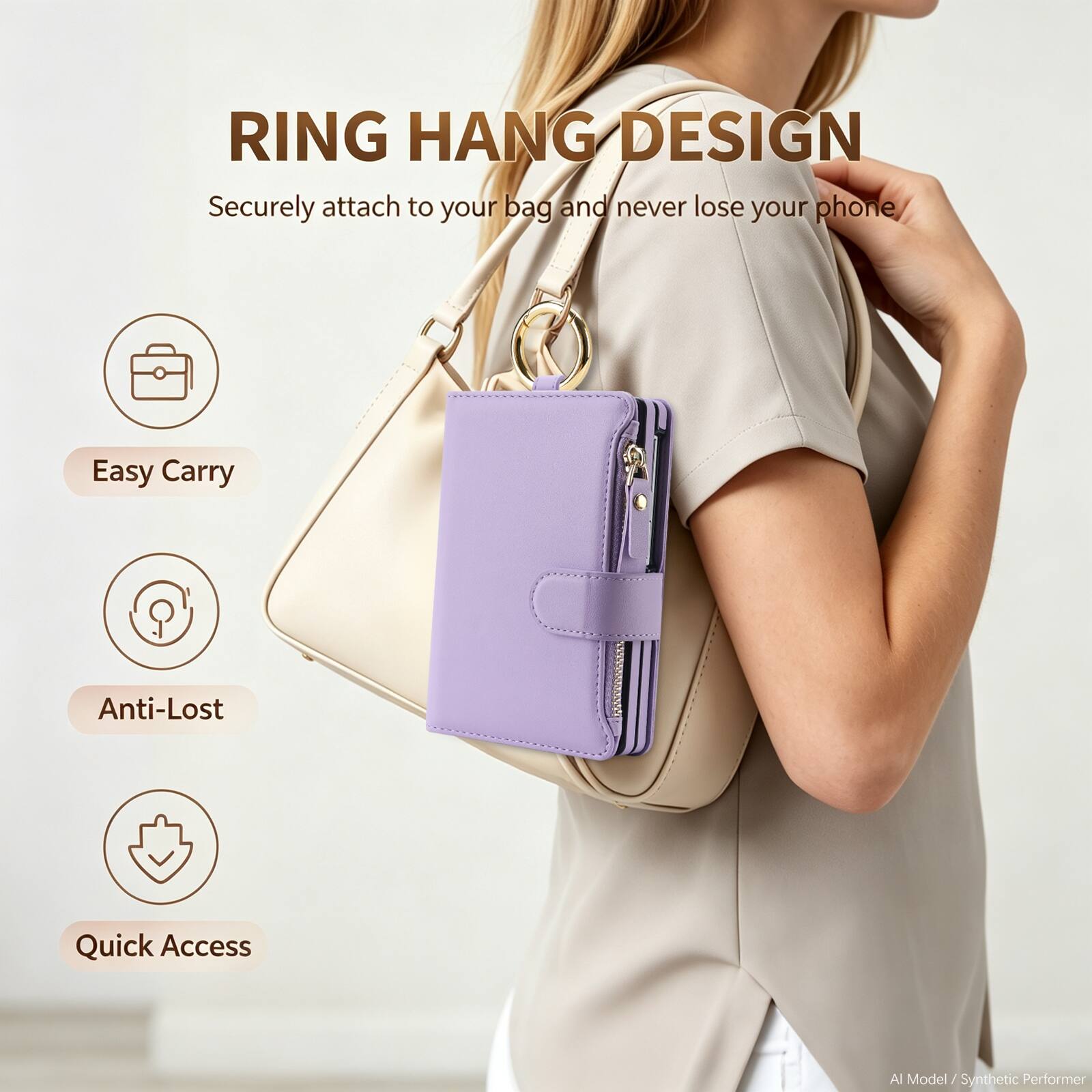 RING HANG DESIGN  
Securely attach to your bag and never lose your phone

Easy Carry  
Anti-Lost  
Quick Access  

Al Model / Synthetic Performer