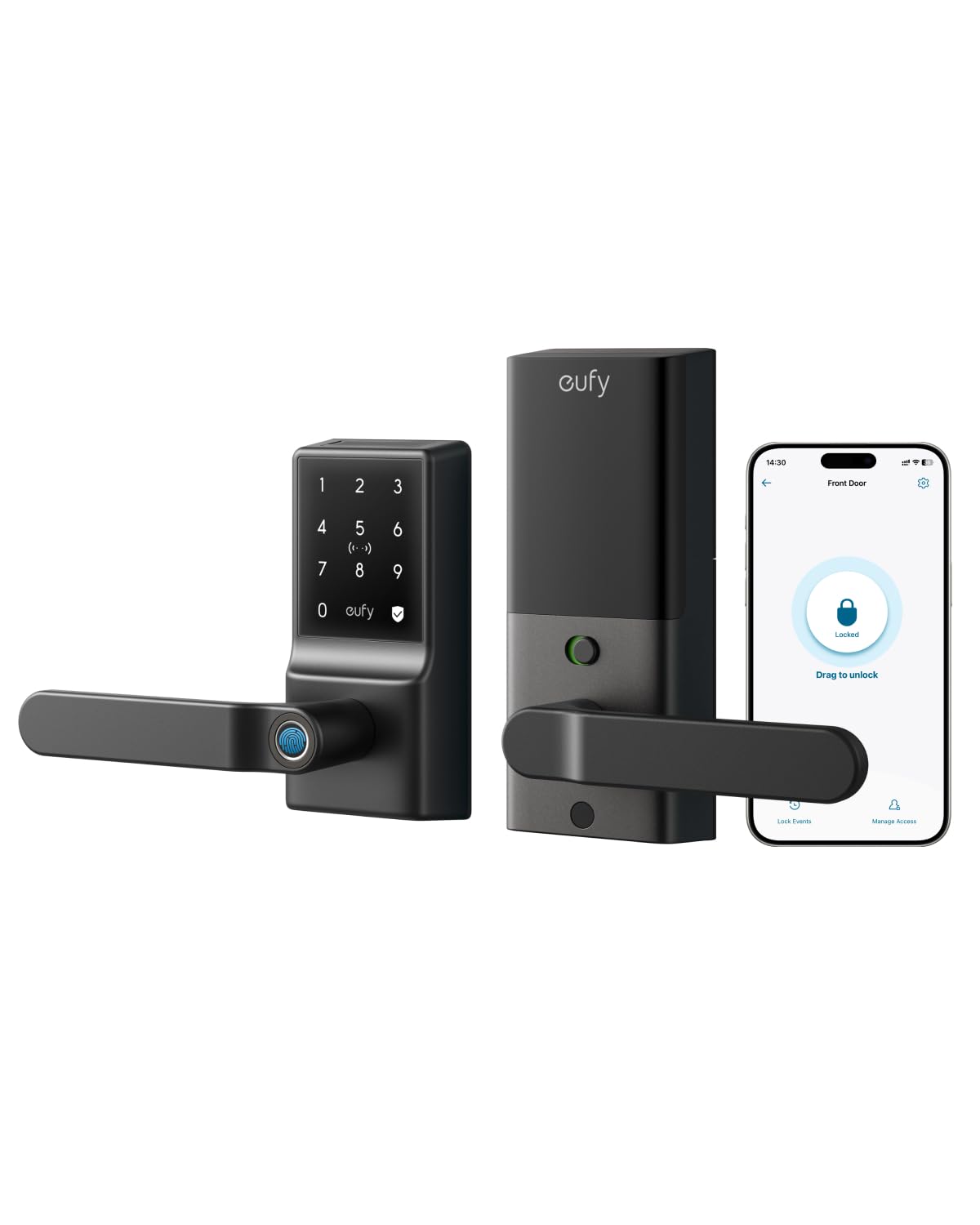 cufy I 2 3 14:30 Front Door 4 7 5 (1.) 8 6 9 0 cufy Locked Drag to unlock 1 Lock Events Manage Access