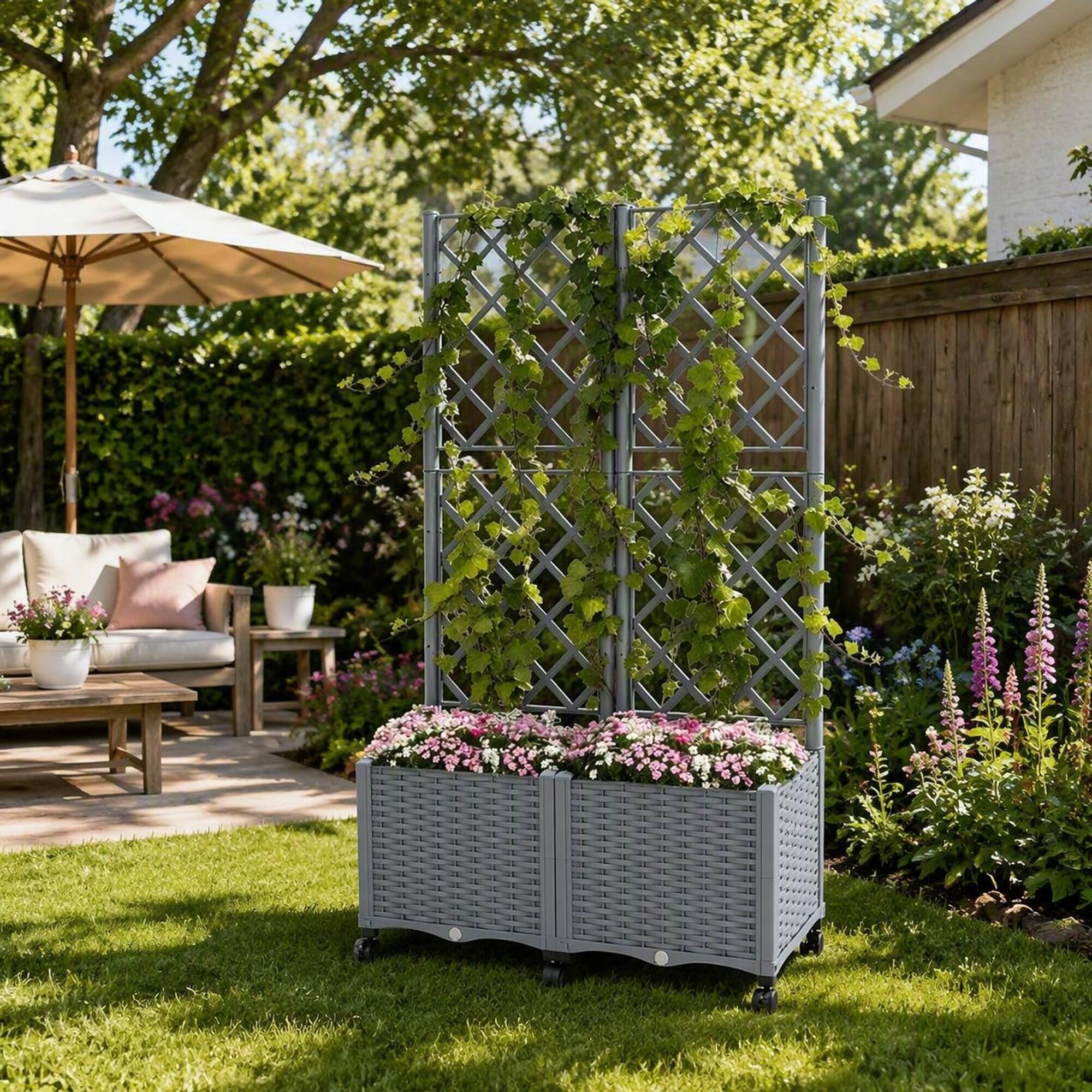 Alt View 2. RYHNUYNE - Gray Mobile Raised Garden Bed with Trellis, Self-Watering Planter Box on Wheels with Brakes for Patio and Balcony - Gray.