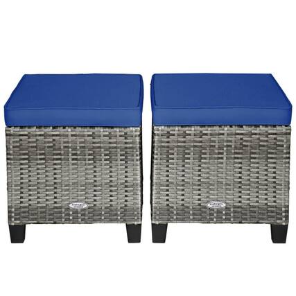 Front. Pefilos - 2PCS Rattan Wicker Ottoman Seat, Patio Ottoman Seat with Remoable Cushions, 2 In 1 Ottoman Seat for Outdoor as Balcony, - Blue.
