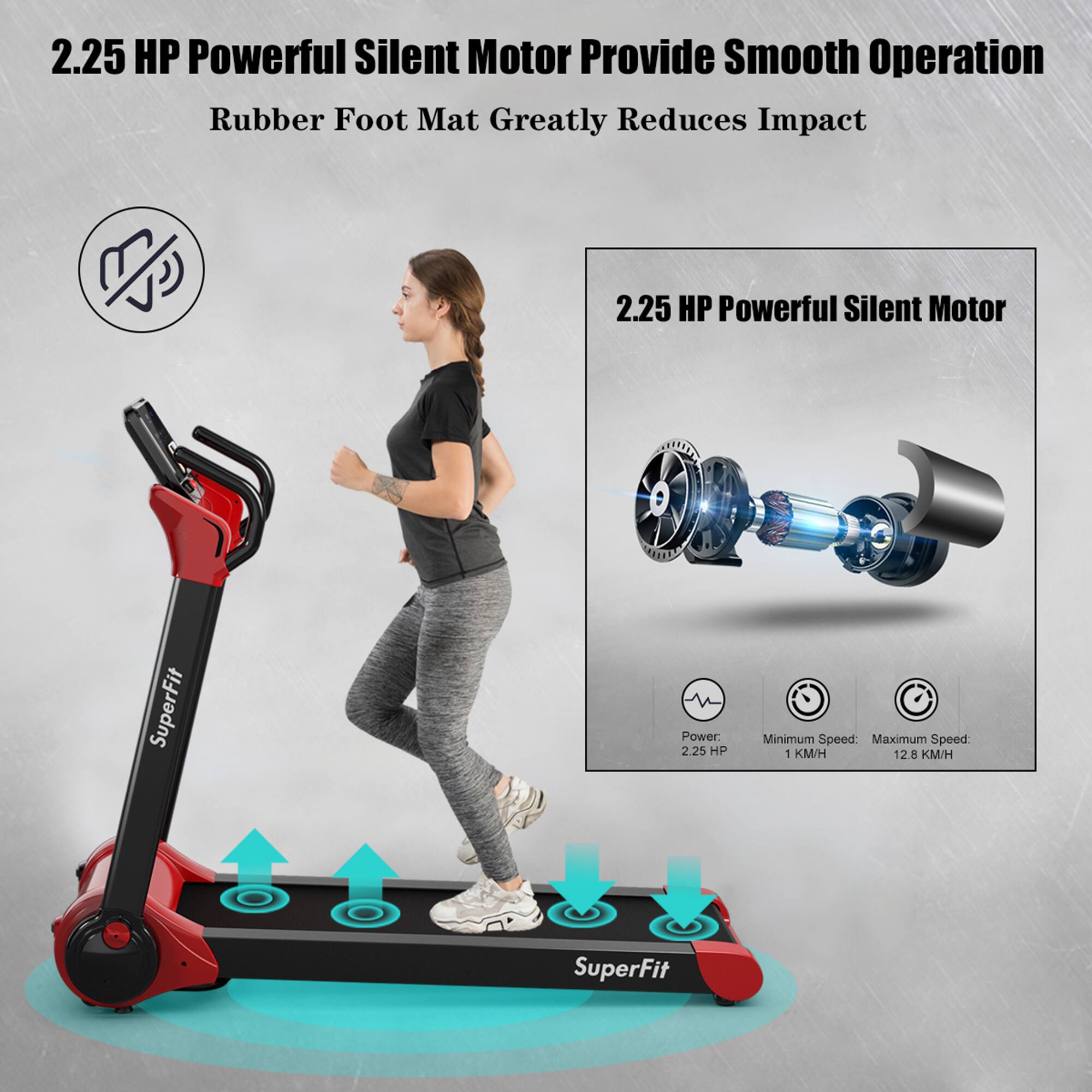 2.25 HP Powerful Silent Motor Provide Smooth Operation  
Rubber Foot Mat Greatly Reduces Impact  

2.25 HP Powerful Silent Motor  
Power: 2.25 HP  
Minimum Speed: 1 KM/H  
Maximum Speed: 12.8 KM/H  

SuperFit