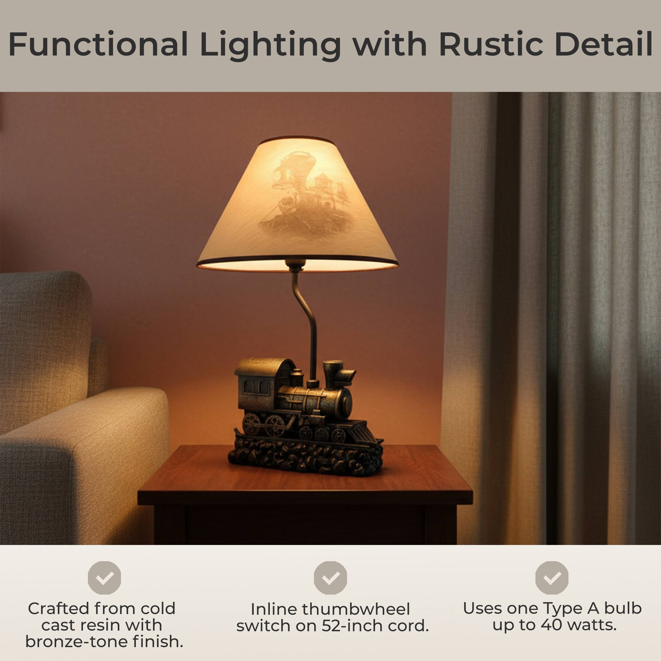 Functional Lighting with Rustic Detail

Crafted from cold cast resin with bronze-tone finish. Inline thumbwheel switch on 52-inch cord. Uses one Type A bulb up to 40 watts.