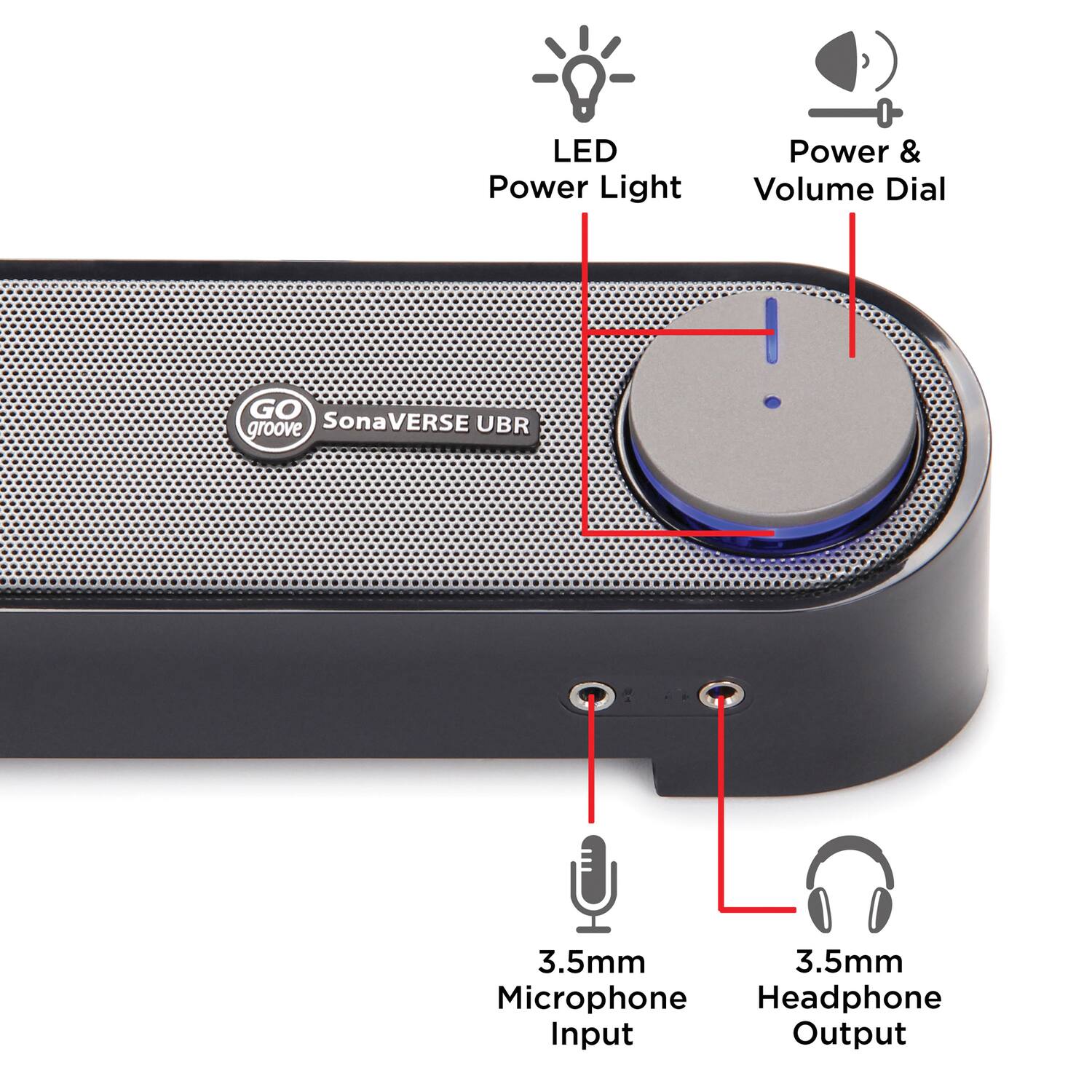 LED Power Light  
Power & Volume Dial  
GO groove  
SonaVERSE UBR  
3.5mm Microphone Input  
3.5mm Headphone Output