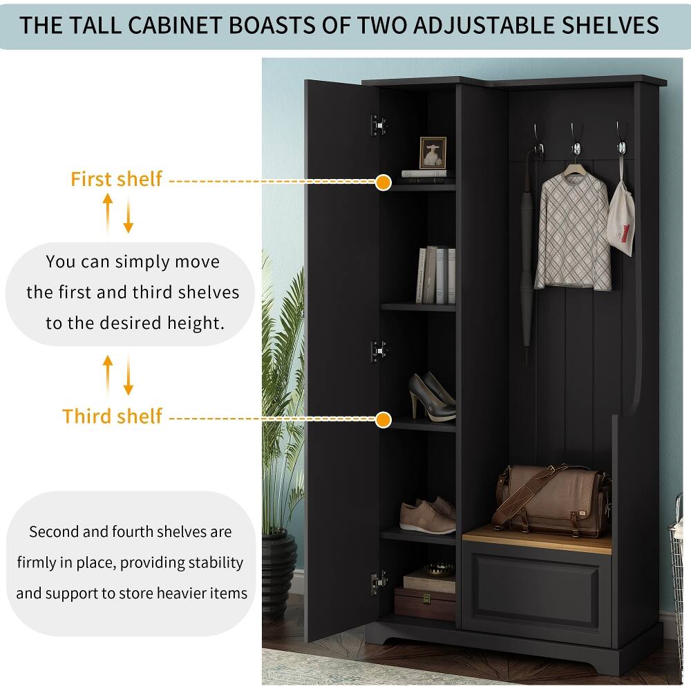 THE TALL CABINET BOASTS OF TWO ADJUSTABLE SHELVES

First shelf
You can simply move the first and third shelves to the desired height.

Third shelf
Second and fourth shelves are firmly in place, providing stability and support to store heavier items