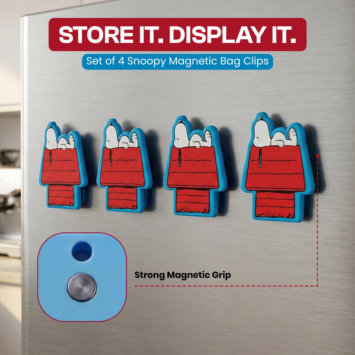 STORE IT. DISPLAY IT.  
Set of 4 Snoopy Magnetic Bag Clips  
Strong Magnetic Grip