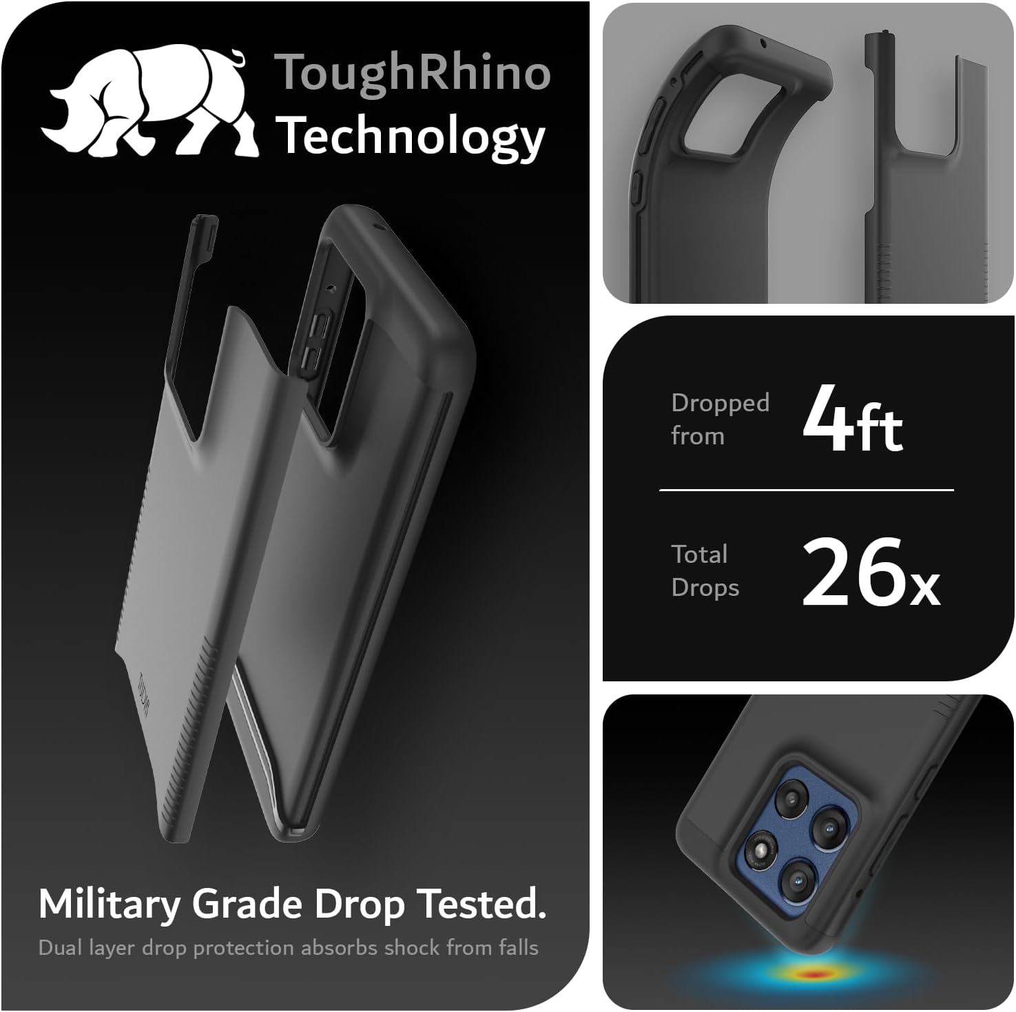 ToughRhino Technology

Dropped from 4ft  
Total Drops 26x

Military Grade Drop Tested.  
Dual layer drop protection absorbs shock from falls