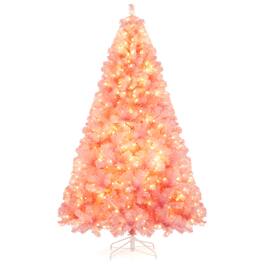 Gymax - 7.5 FT Pre-Lit Tinsel Christmas Tree Artificial Xmas Tree w/ 1300 Lush Branch Tips - Pink