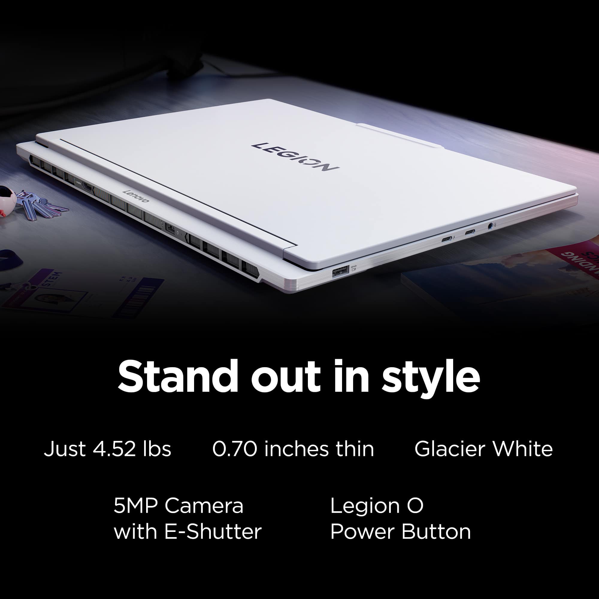 Stand out in style with the Legion Y530P laptop. This laptop is just 4.52 lbs and 0.70 inches thin, making it a great choice for those who want a portable and sleek device. The laptop features a 5MP camera with E-Shutter and a Power Button, providing users with a convenient and stylish experience.
