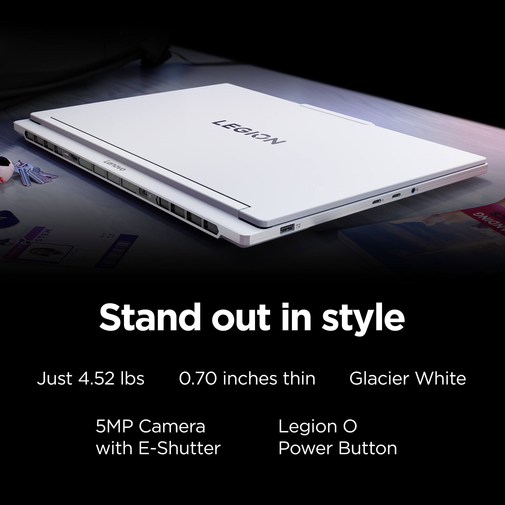Stand out in style with the Legion Y530P laptop. This laptop is just 4.52 lbs and 0.70 inches thin, making it a great choice for those who want a portable and sleek device. The laptop features a 5MP camera with E-Shutter and a Power Button, providing users with a convenient and stylish experience.