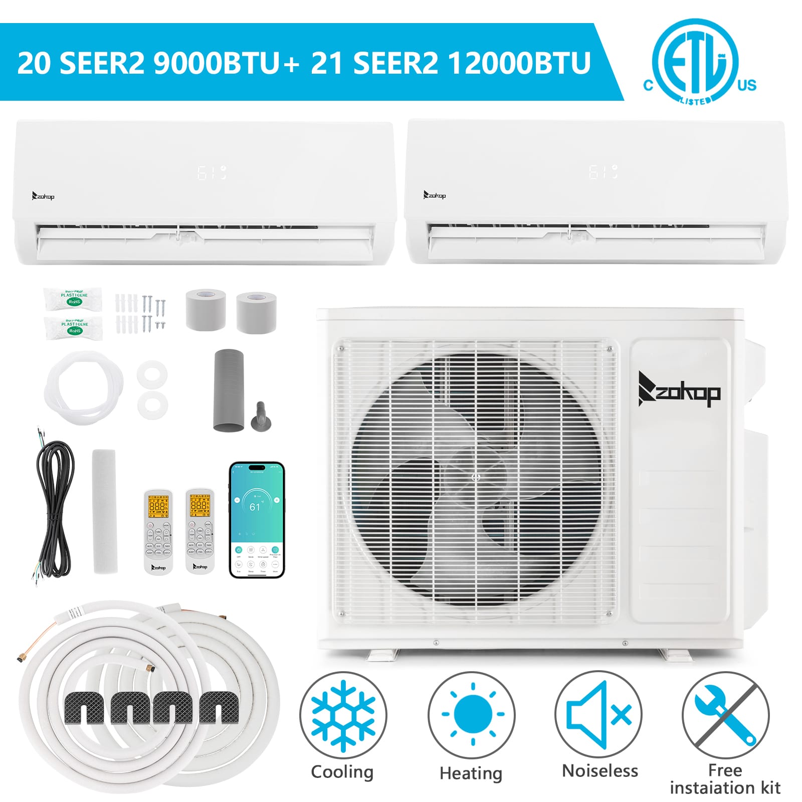 Winado - 18000 BTU R454B Dual 2 Zone Wifi Mini Split AC Ductless Air Conditioner & Heat Pump ( 9K+12K BTU) 25Ft Copper Line Set - White