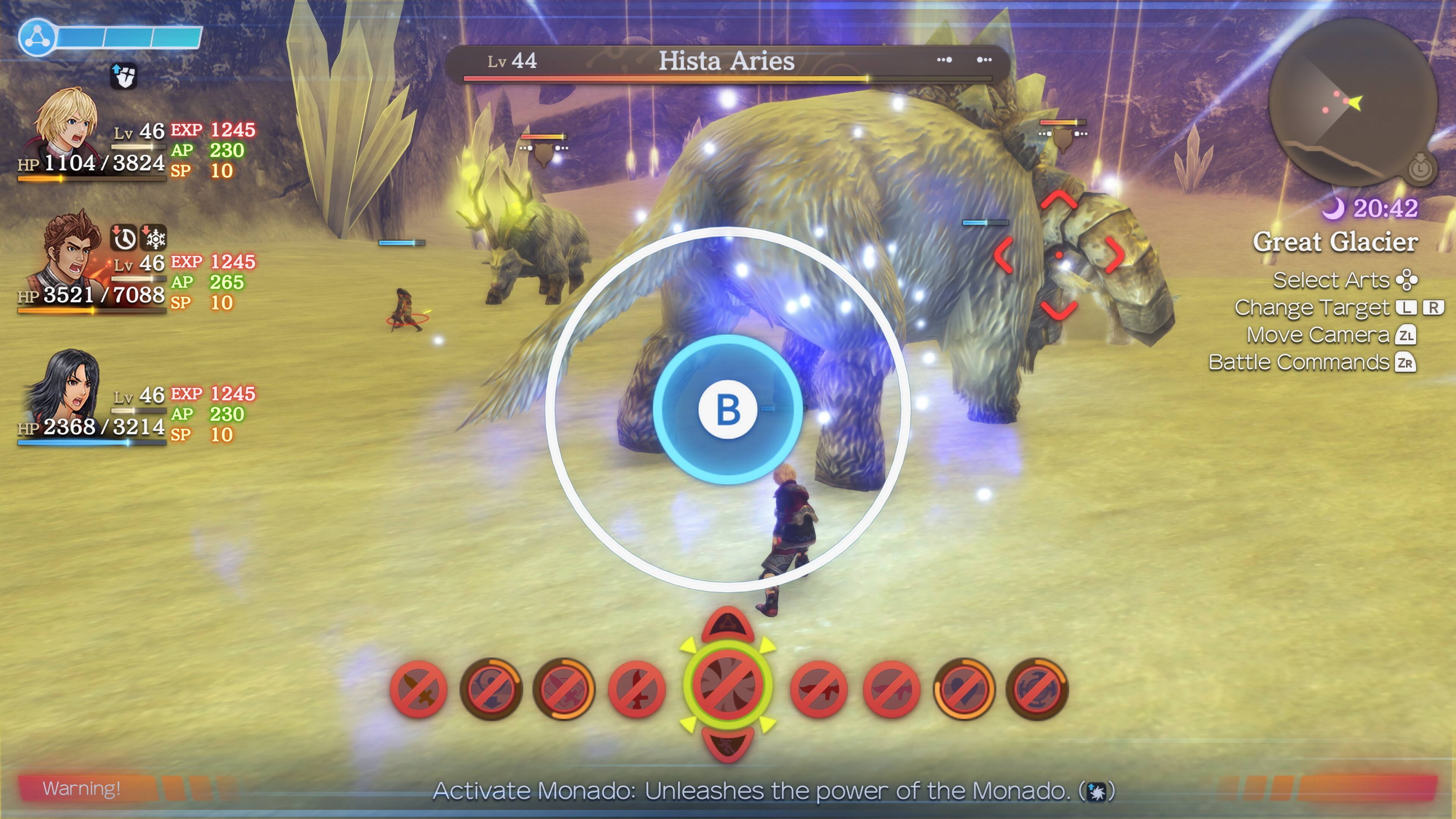 Lv 44 Hista Aries Lv 46 EXP 1245 AP 230 HP 1104/3824 SP 10  
Lv 46 EXP 1245 AP 265 HP 3521/7088 SP 10  
Lv 46 EXP 1245 AP 230 HP 2368/3214 SP 10  

20:42 Great Glacier  
Select Arts  
Change Target  
Move Camera  
Battle Commands  

Warning!  
Activate Monado: Unleashes the power of the Monado.