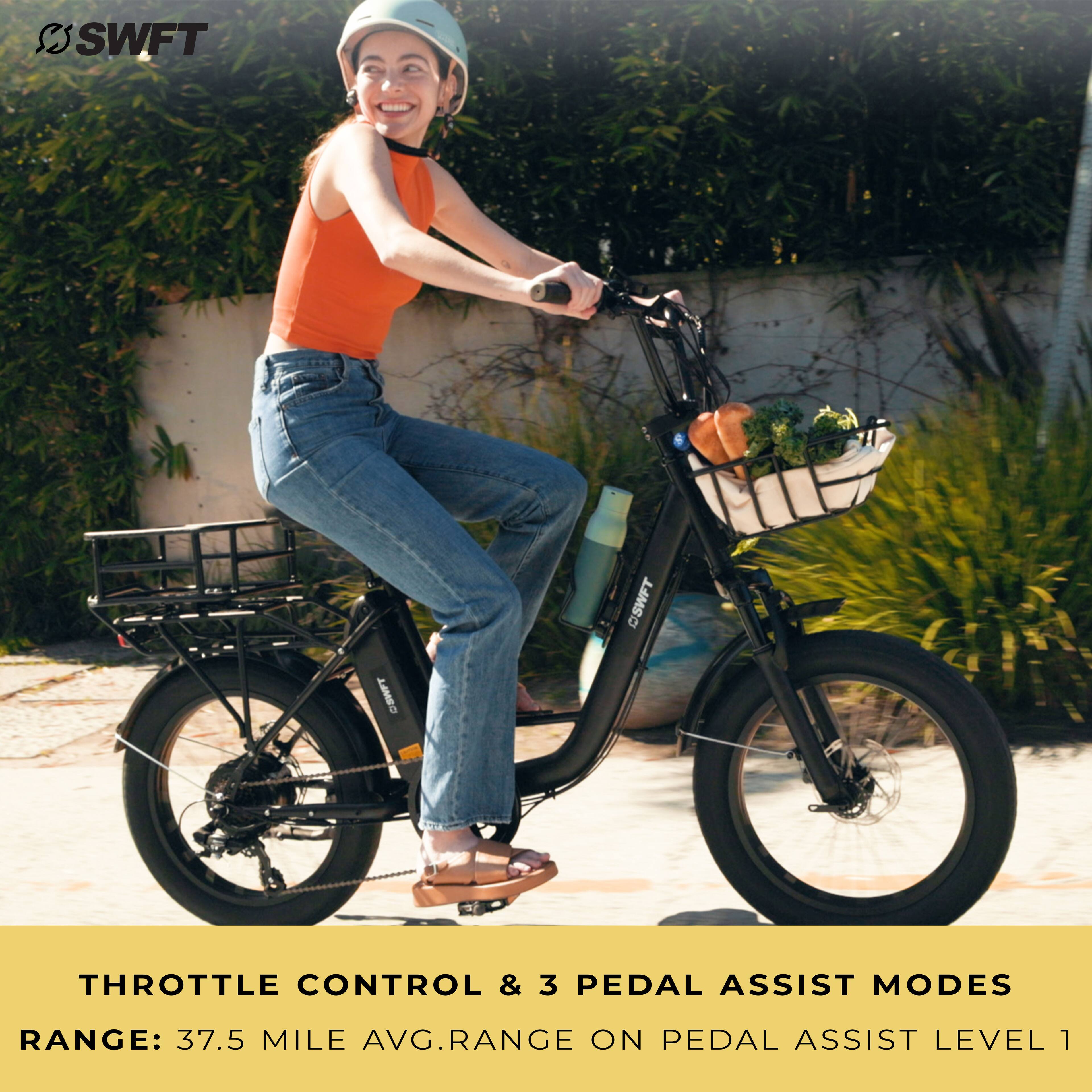 SWFT OSAFT 0 CSWFT THROTTLE CONTROL & 3 PEDAL ASSIST MODES RANGE: 37.5 MILE AVG. RANGE ON PEDAL ASS
Assist Level 1