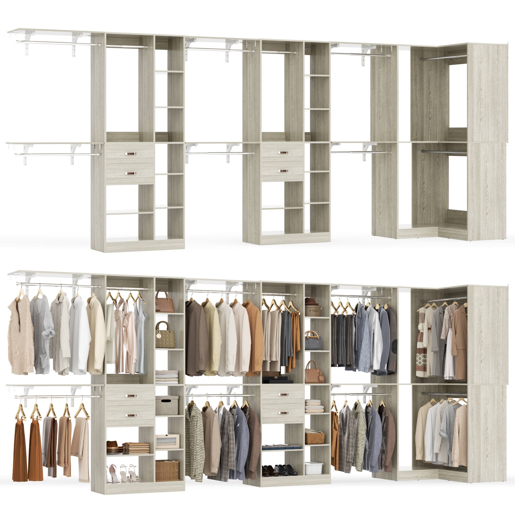 Angle. Aheaplus - 126'' L Shaped Closet System with 4 Drawers, 8 Hanging Rods and Adjustable Shelves, Reversible, Set of 3 - Beige Oak.