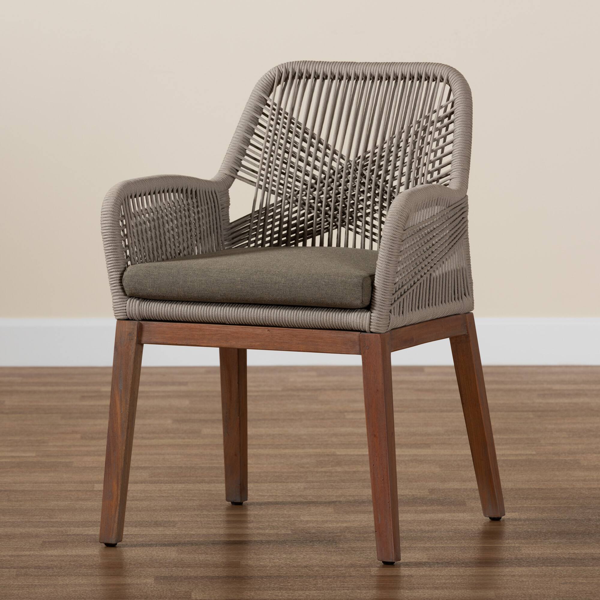 Alt View 6. bali & pari - Jennifer Mid-Century Transitional Woven Rope Mahogany Dining Arm Chair - Grey/Walnut Brown.