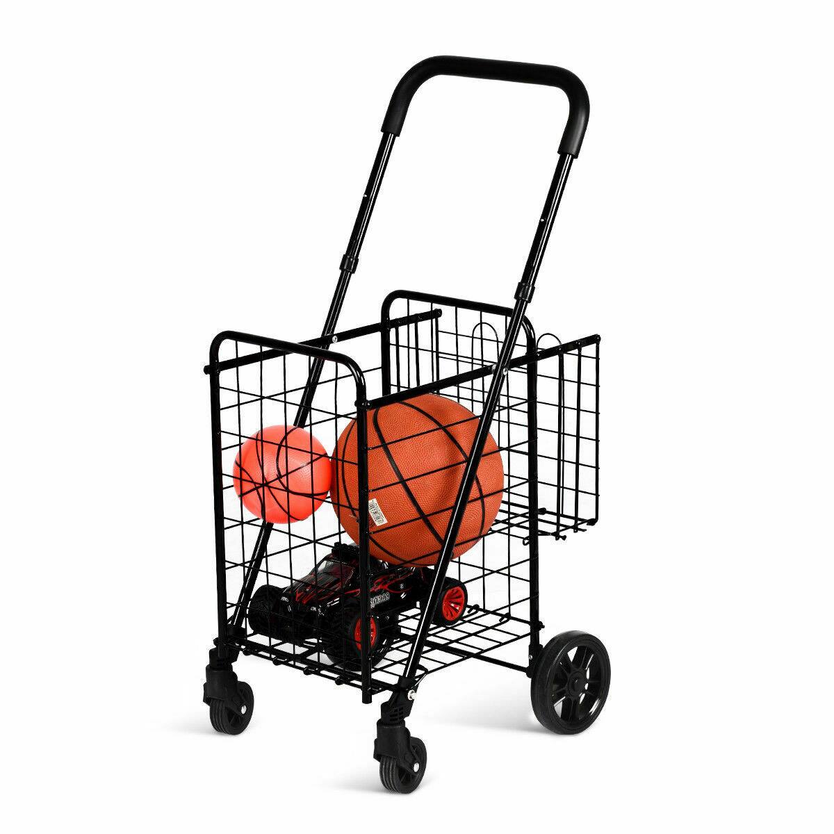 The image features a black shopping cart with a basket, holding two basketballs.