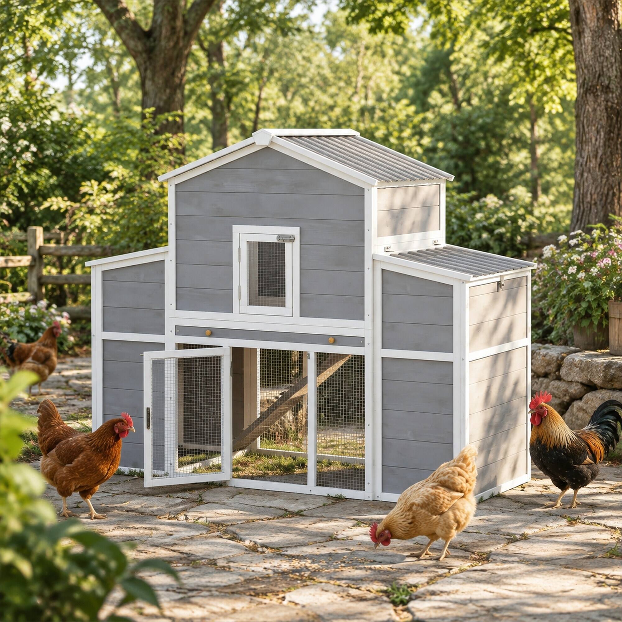 Angle. RYHNUYNE - Wooden Chicken Coop, 66.5 in Large Pet House, Pine Wood, 2-4 Chickens, Gray.
