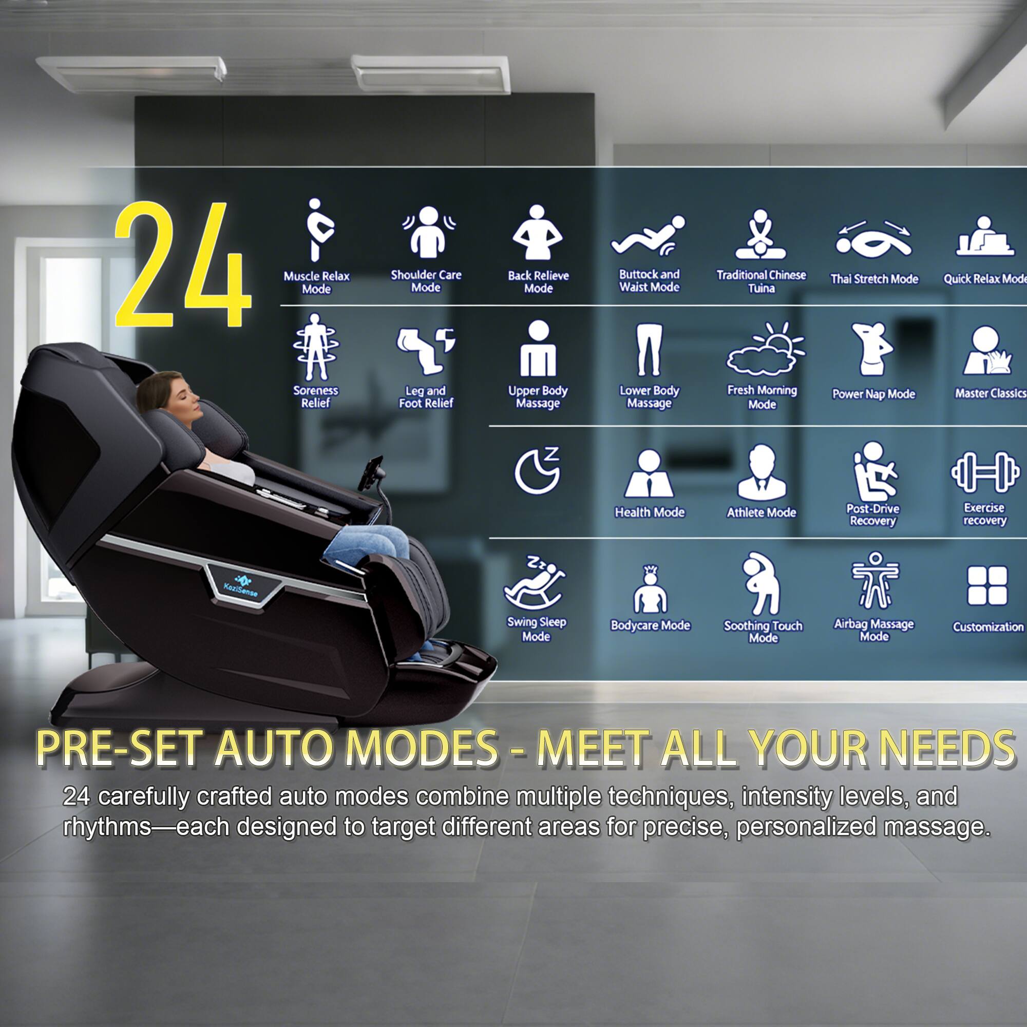 24 Muscle Mode Relax Soreness Relief Shoulder Care Mode Leg and Foot Relief Back Relieve Mode Upper Body Massage Buttock and Waist Mode Lower Body Massage Traditional Chinese Tuina Fresh Morning Mode Thai Stretch Mode Power Nap Mode Quick Relax Mode Master Classics Z Health Mode Athlete Mode Post-Drive Recovery Exercise Recovery MauiDanos Swing Sleep Mode Bodycare Mode Soothing Touch Mode Airbag Massage Mode Customization

PRE-SET AUTO MODES - MEET ALL YOUR NEEDS

24 carefully crafted auto modes combine multiple techniques, intensity levels, and rhythms—each designed to target different areas for precise, personalized massage.