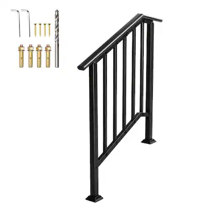 Front. Winado - Handrails 2-Step with Straight End, Wrought Iron Stair Railing for Concrete Indoor Outdoor Steps Fits Garden Porch - Black.