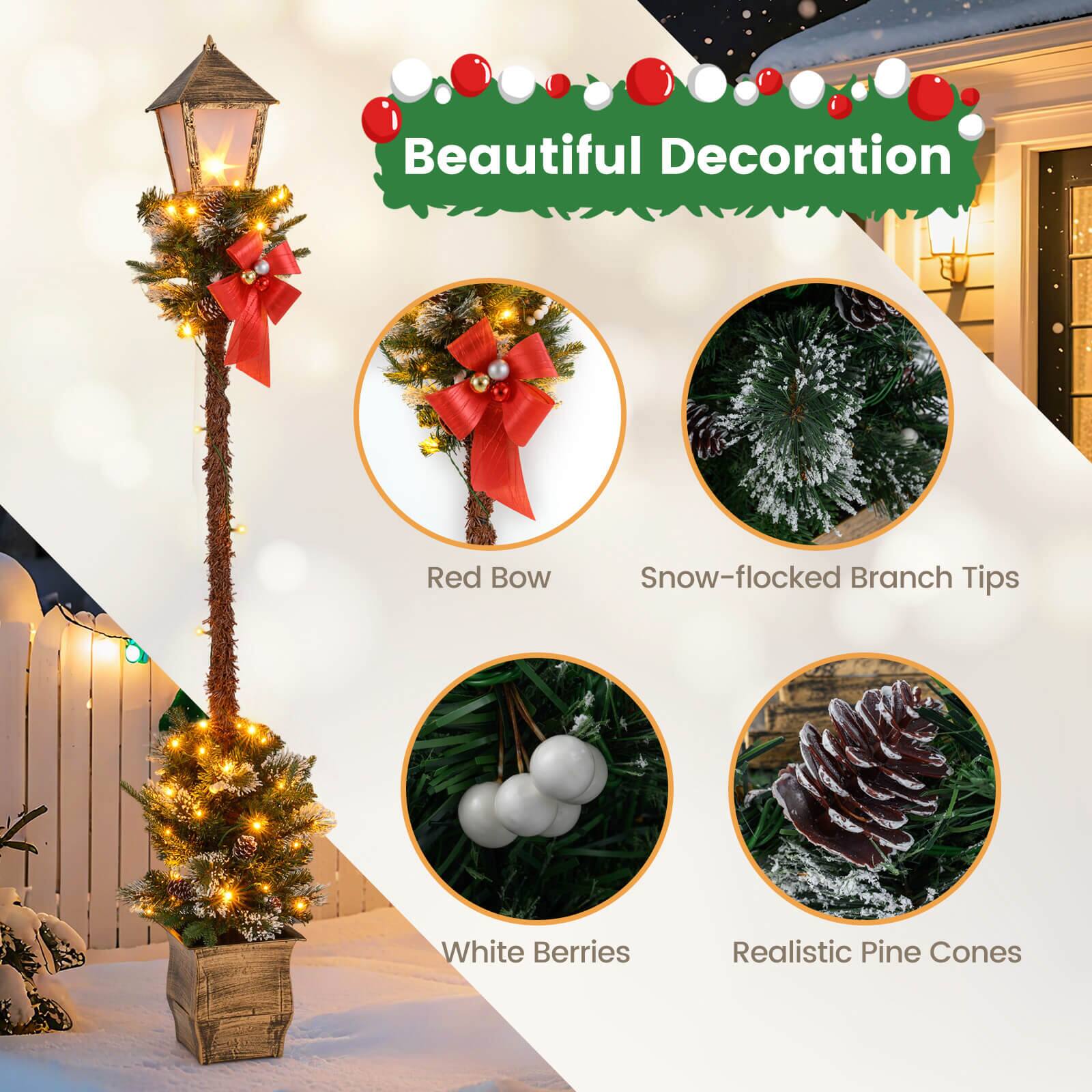 Beautiful Decoration

- Red Bow
- Snow-flocked Branch Tips
- White Berries
- Realistic Pine Cones