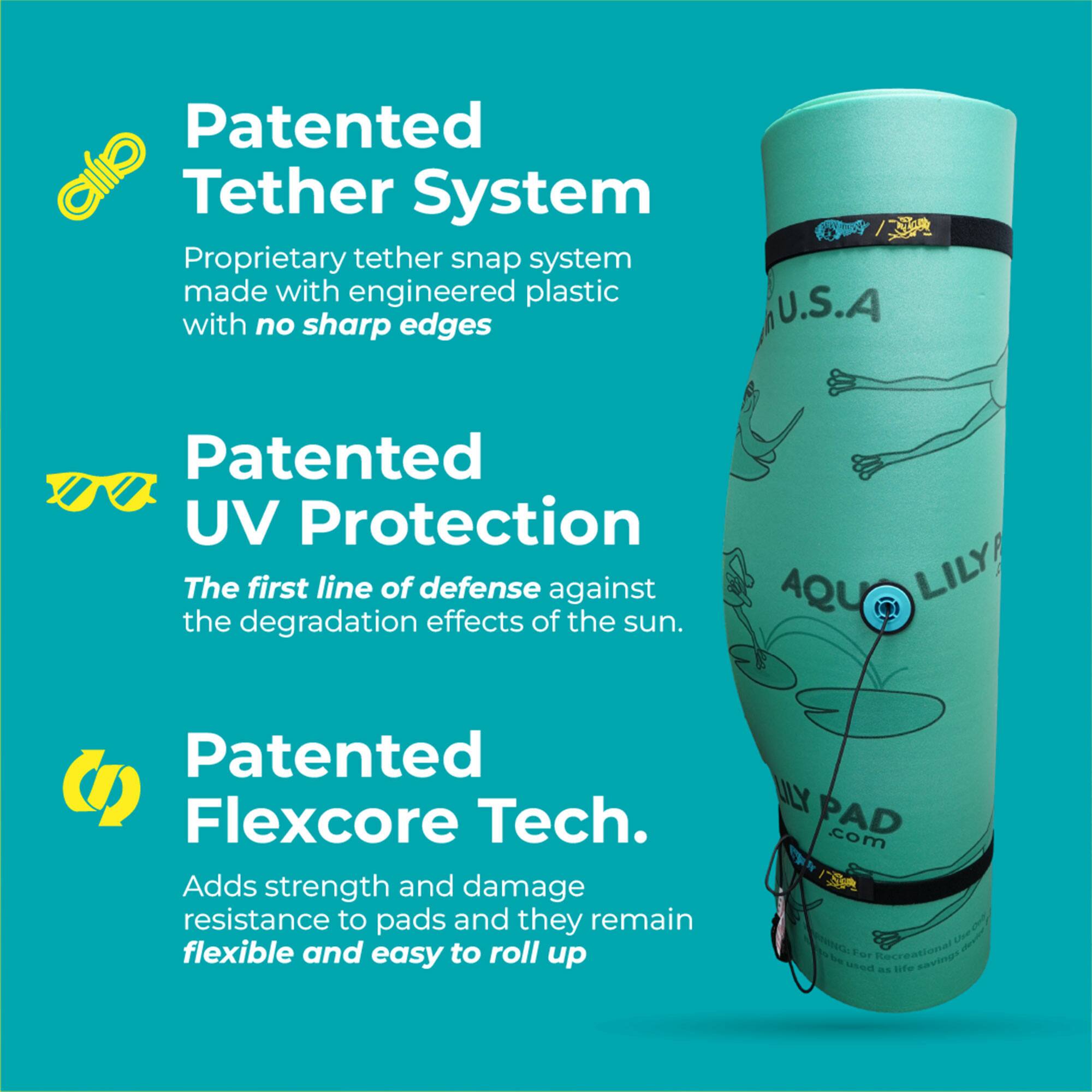 Patented Tether System  
Proprietary tether snap system made with engineered plastic with no sharp edges  

Patented UV Protection  
The first line of defense against the degradation effects of the sun.  

Patented Flexcore Tech.  
Adds strength and damage resistance to pads and they remain flexible and easy to roll up  

AQU LILY!  
ULY PAD com  
PELCA 1a Recreational used as lite Savings