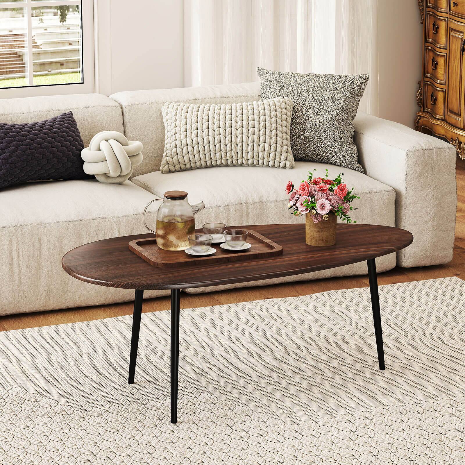 Alt View 4. Costway - Costway Oval Coffee Table with Sturdy Metal Construction & Compact Design, Retro Sofa Table - Walnut.