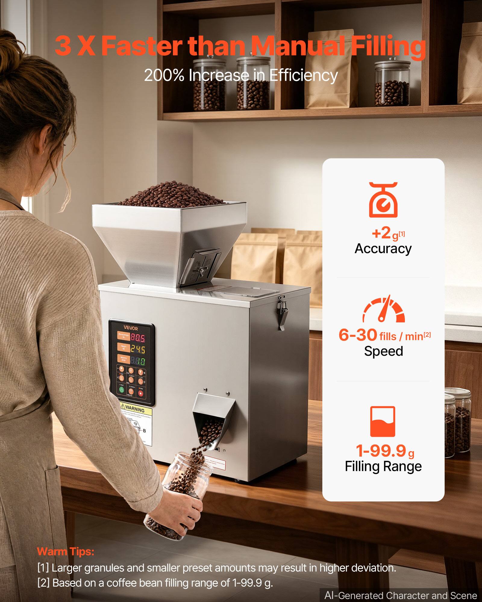 3 X Faster than Manual Filling  
200% Increase in Efficiency  
+2gm Accuracy  
VEVOR 805 245 880  
6-30 fills / min Speed  
1-99.9 g Filling Range  

Warm Tips:  
[1] Larger granules and smaller preset amounts may result in higher deviation.  
[2] Based on a coffee bean filling range of 1-99.9 g.  

AI-Generated Character and Scene