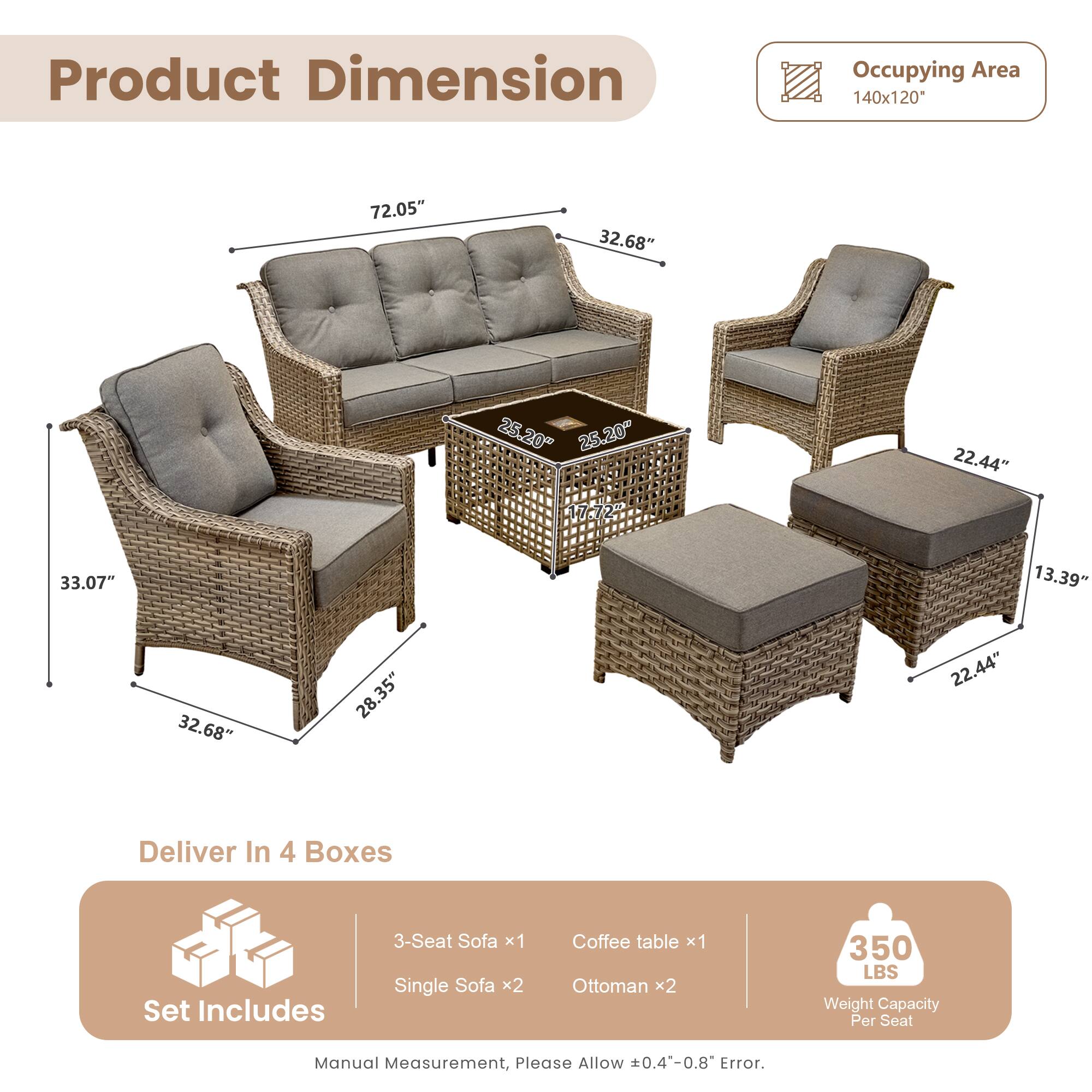 **Product Dimension**

- Occupying Area: 140x120*
- 3-Seat Sofa: 72.05" x 32.68" x 25.20"
- Single Sofa: 33.07" x 32.68" x 25.20"
- Coffee table: 25.20" x 17.72" x 13.39"
- Ottoman: 22.44" x 28.35" x 13.39"

**Deliver In 4 Boxes**

- Set Includes:
  - 3-Seat Sofa x1
  - Single Sofa x2
  - Coffee table x1
  - Ottoman x2

**Weight Capacity Per Seat: 350 LBS**

*Manual Measurement, Please Allow 0.4-0.8" Error.