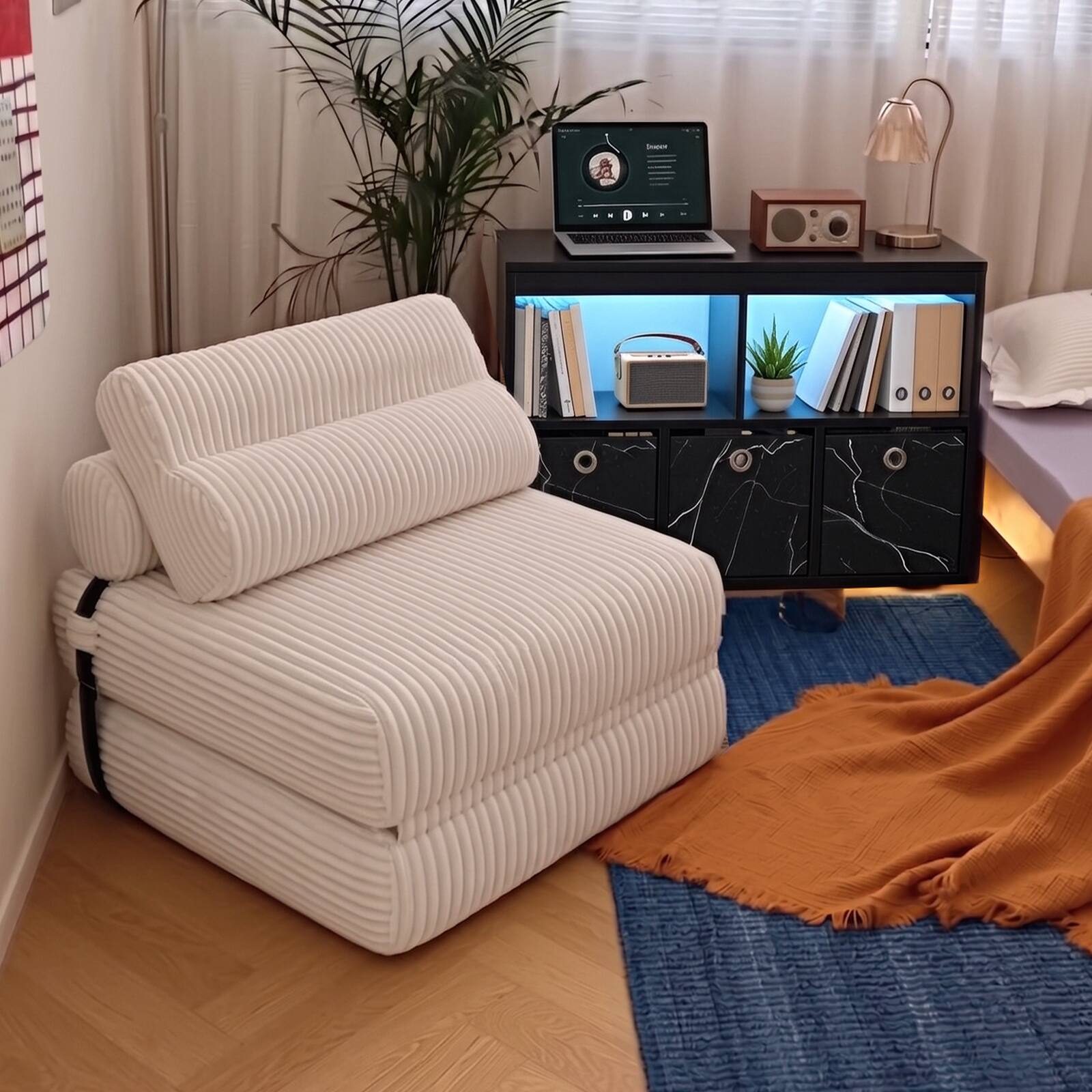 Angle. Pinmoco - Pinmoco Folding Single Sofa Bed, Corduroy Convertible Sleeper Sofa with Pillow, Accent Chair for Living Room & Bedroom - Off White.